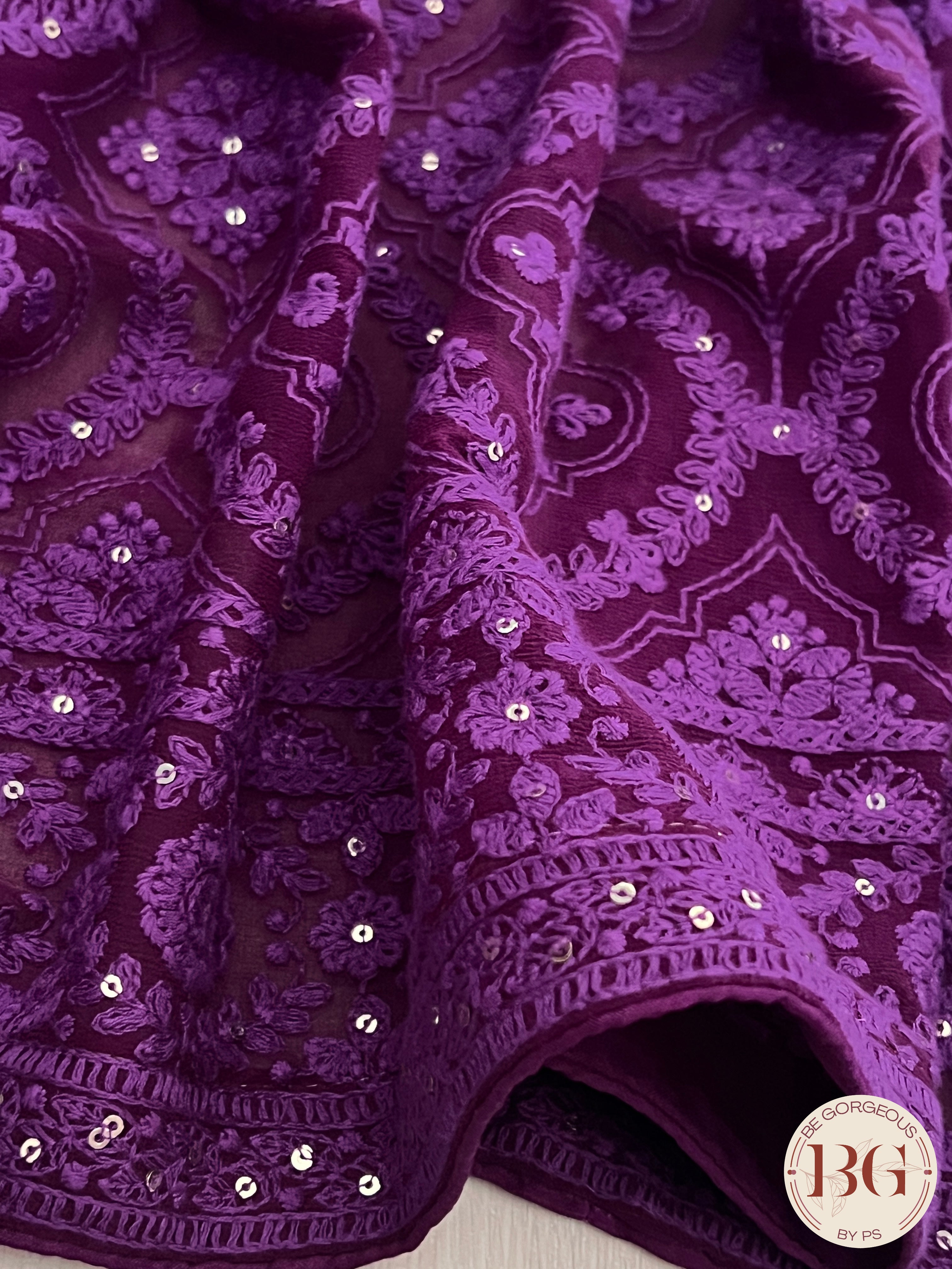 Chikankari with flowers and sequin Purple