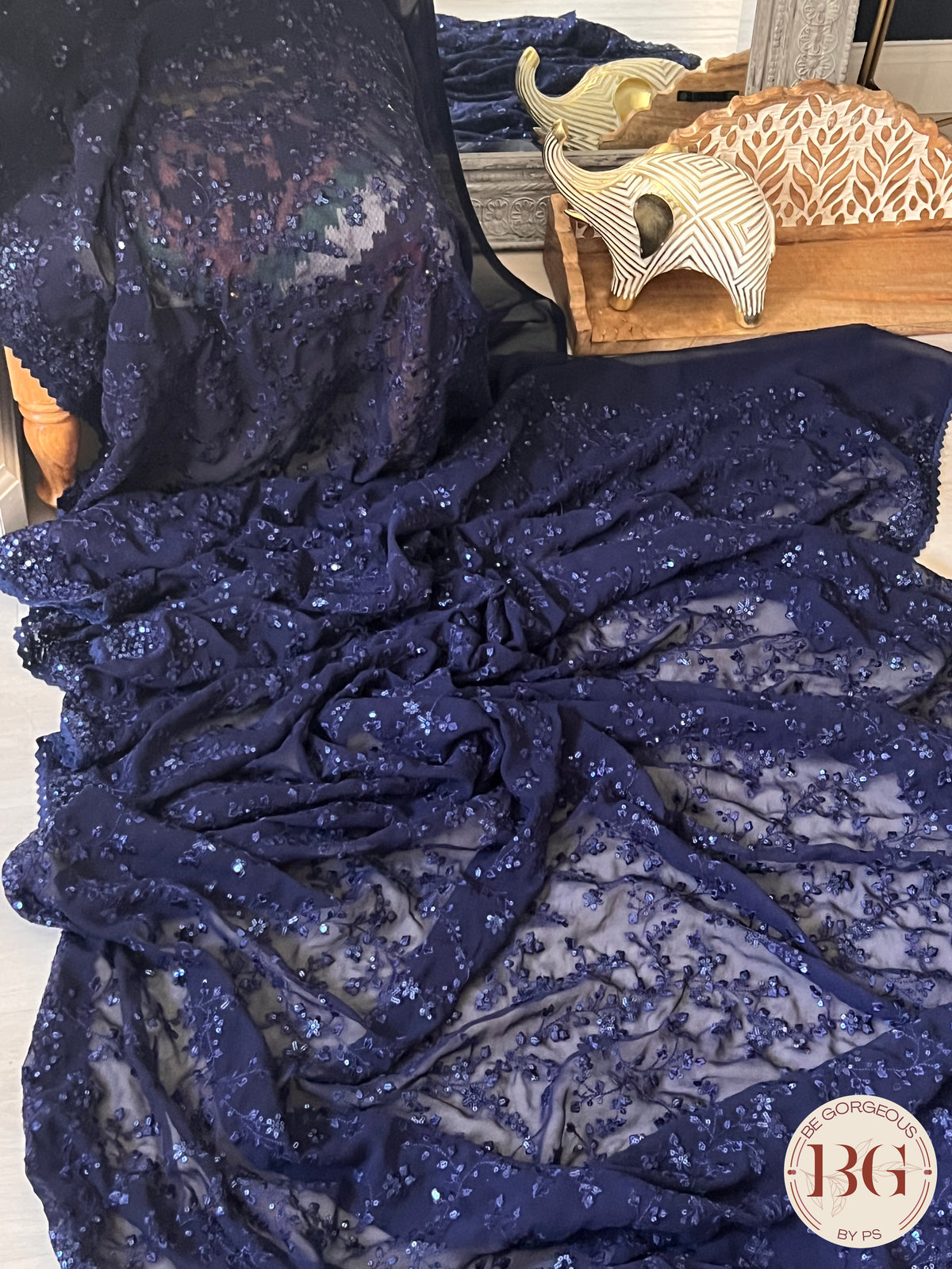 Georgette with thread work and sequin blue