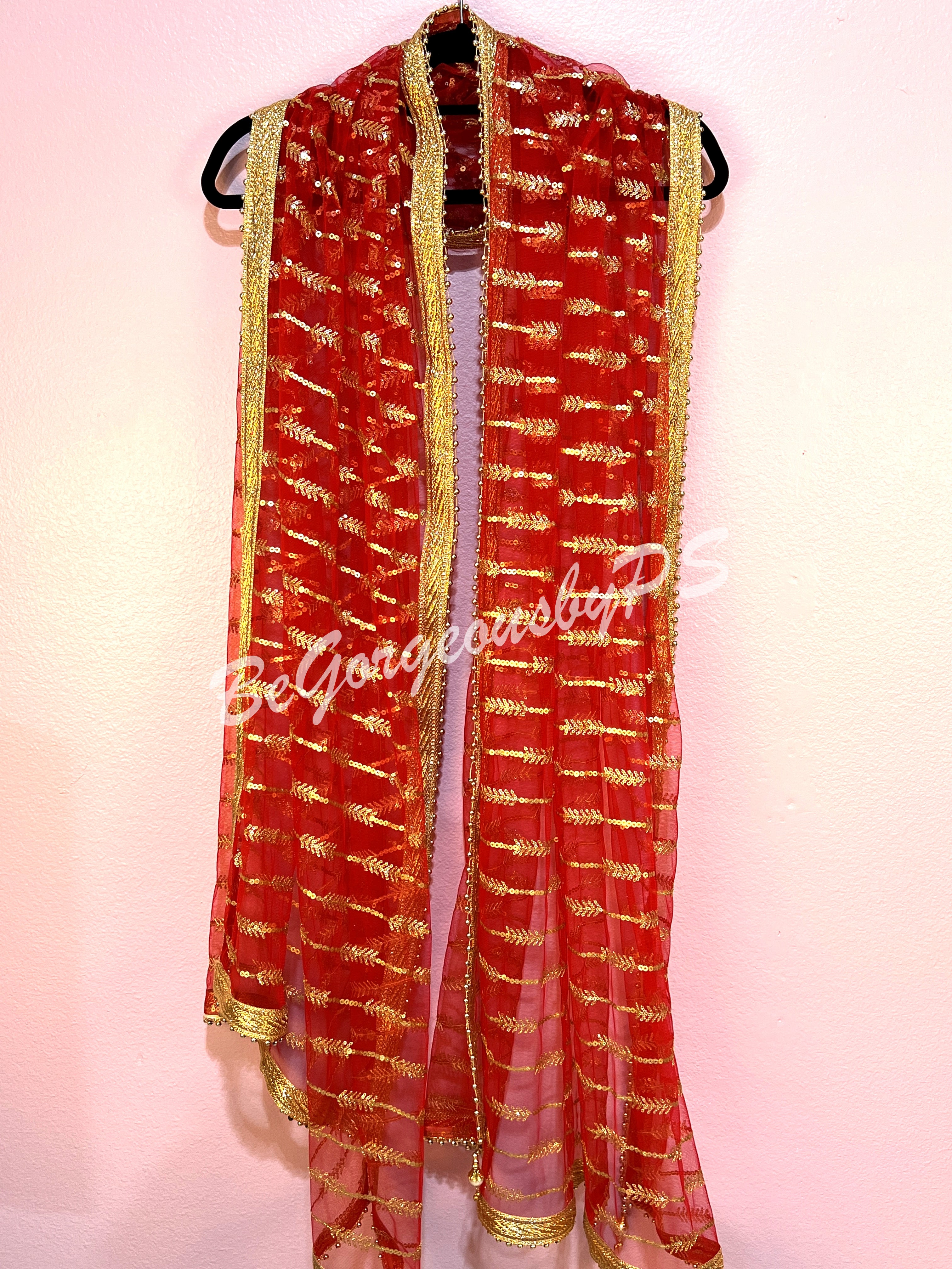 Sequence gold work red dupatta