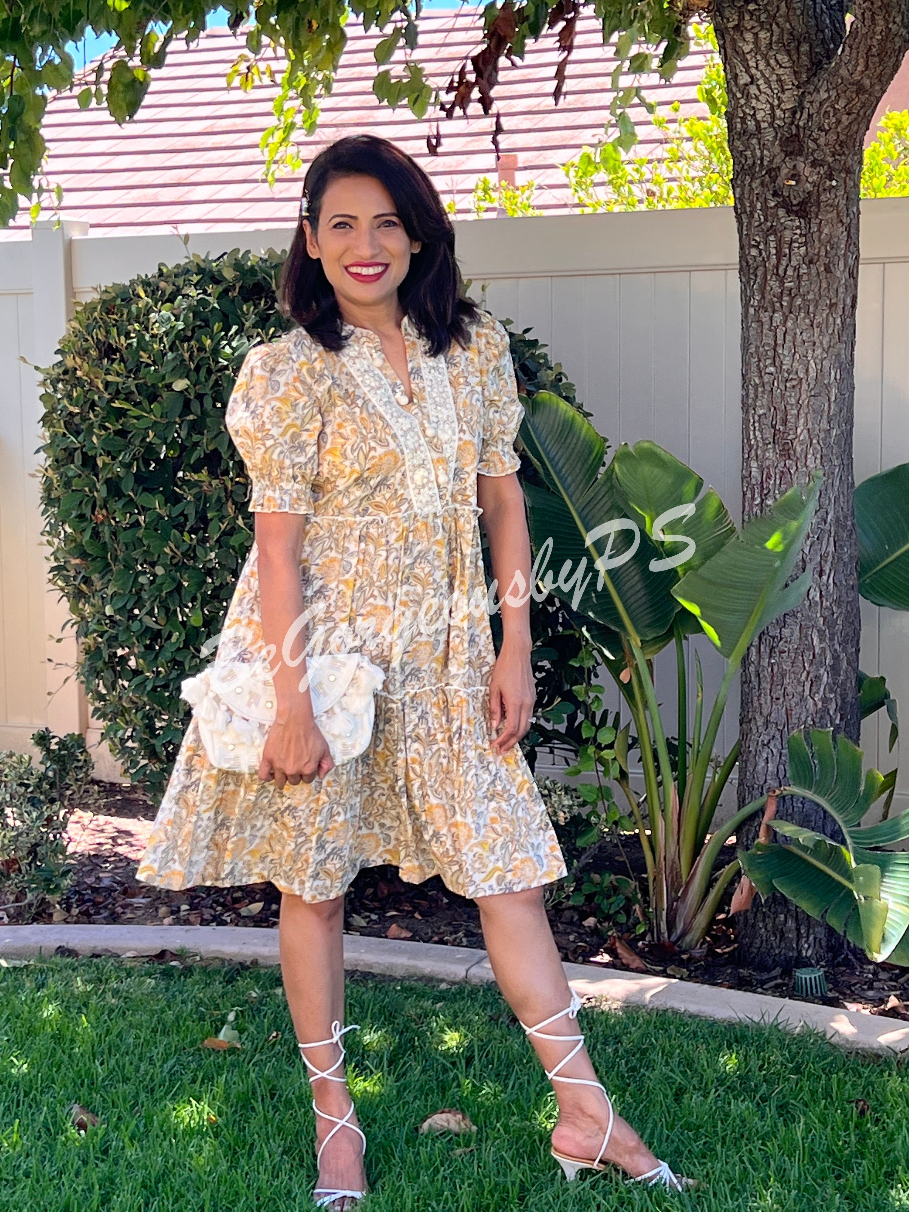 Cotton dress with lace and pearl work