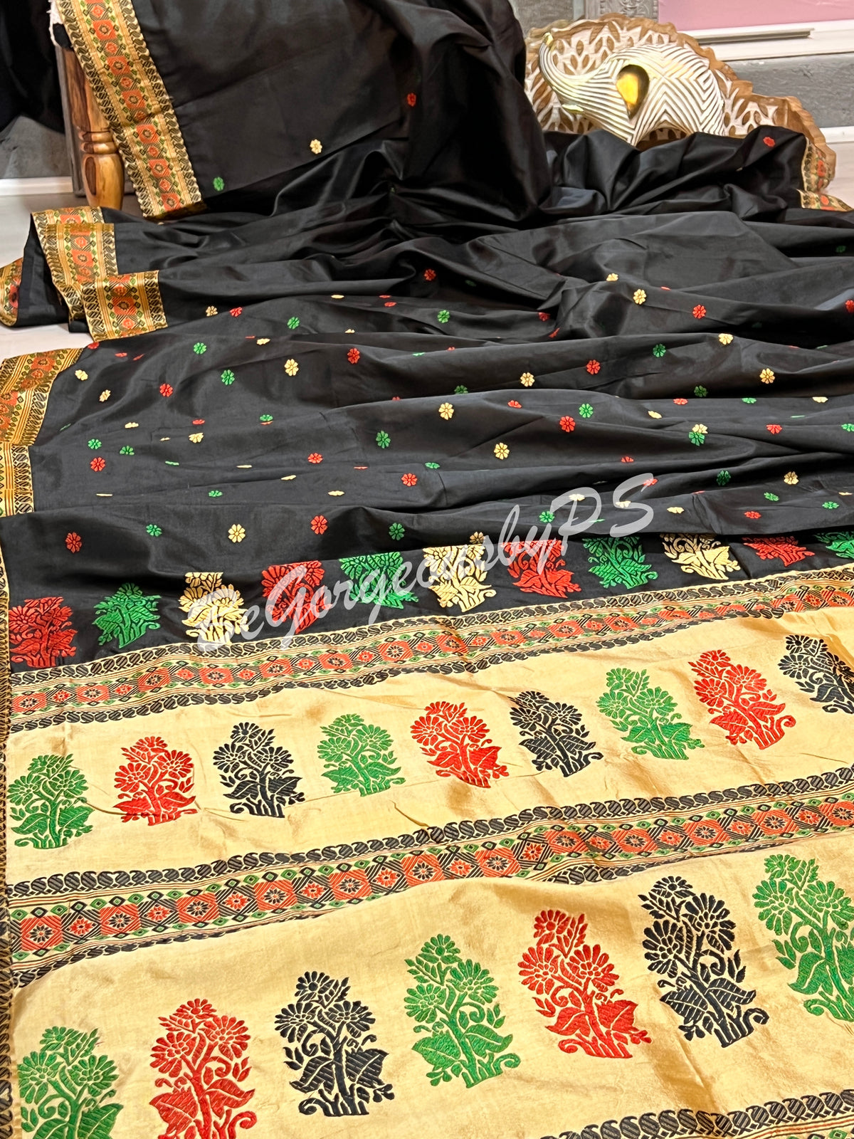 ASSAM SILK BLACK BIEGE SAREE