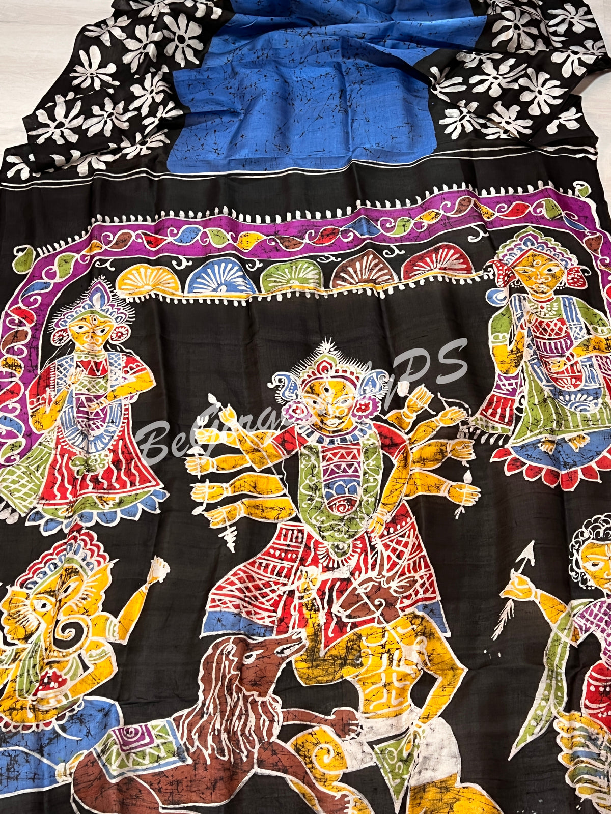 MURSHIDABAD BATIK PRINTED BU/BLUE DURGA SAREE