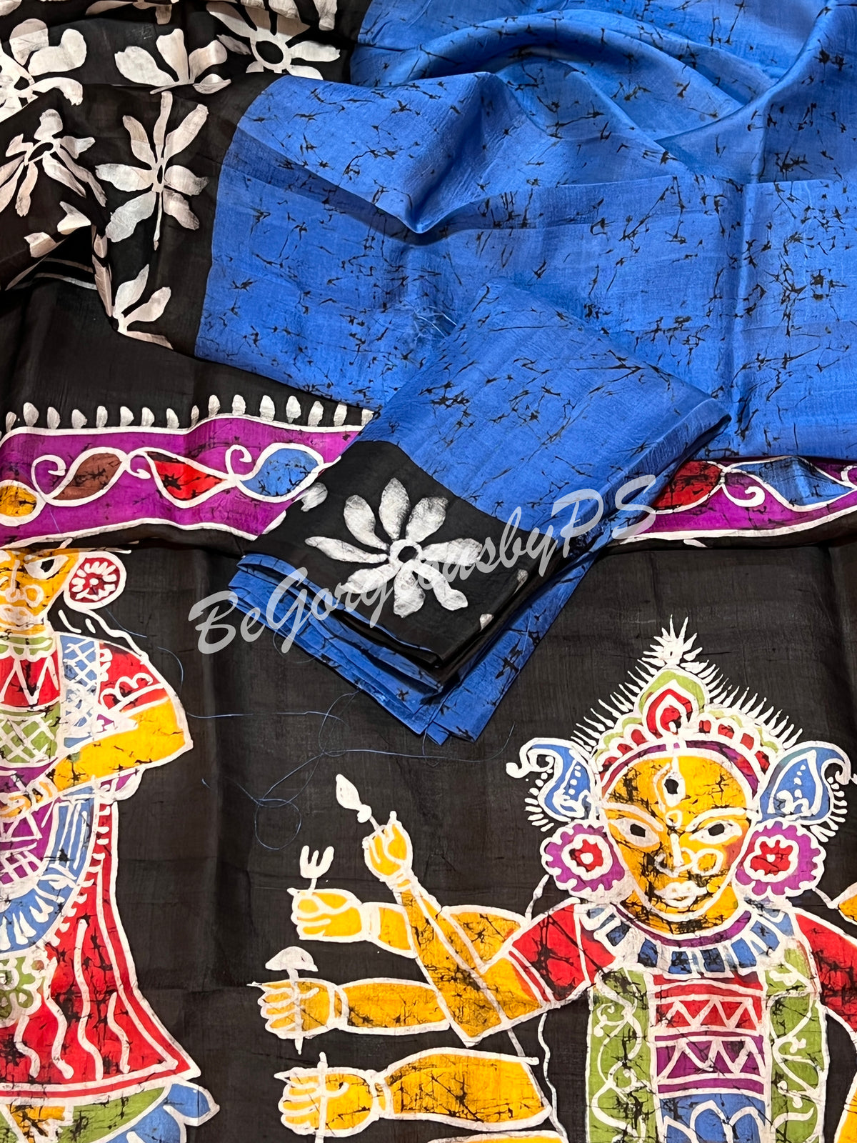 MURSHIDABAD BATIK PRINTED BU/BLUE DURGA SAREE