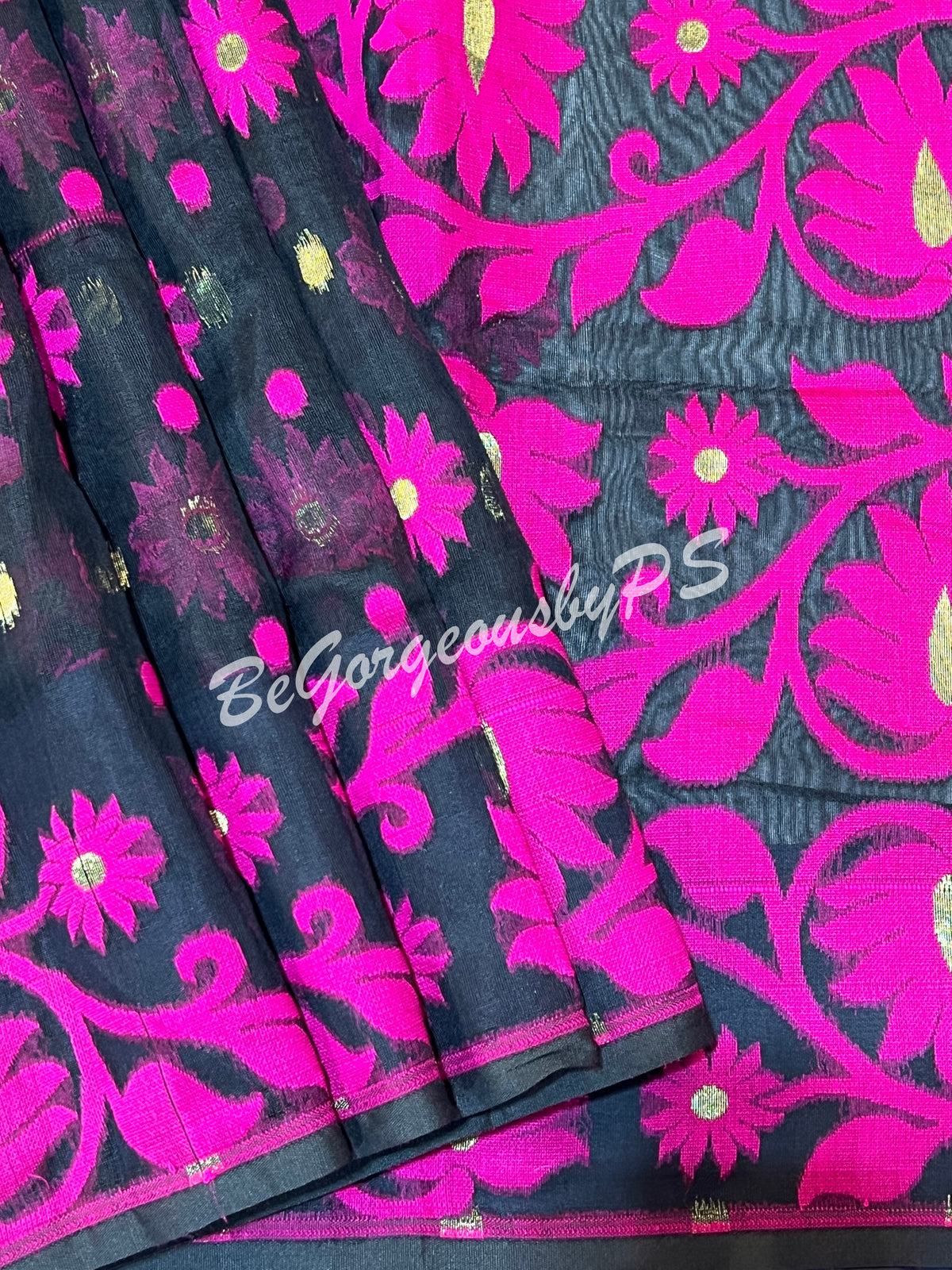 JAMDANI MUSLIN BLACK PINK SAREE