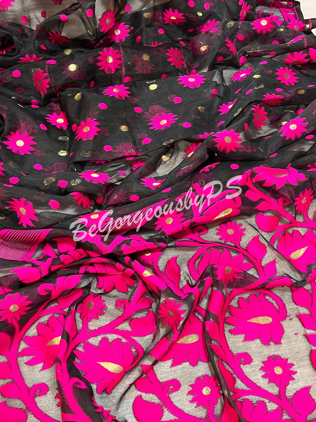 JAMDANI MUSLIN BLACK PINK SAREE