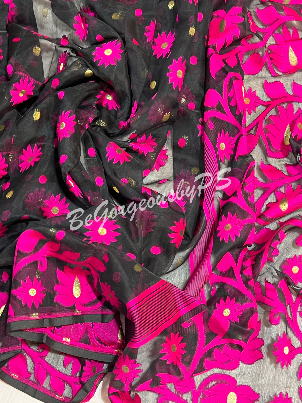 JAMDANI MUSLIN BLACK PINK SAREE