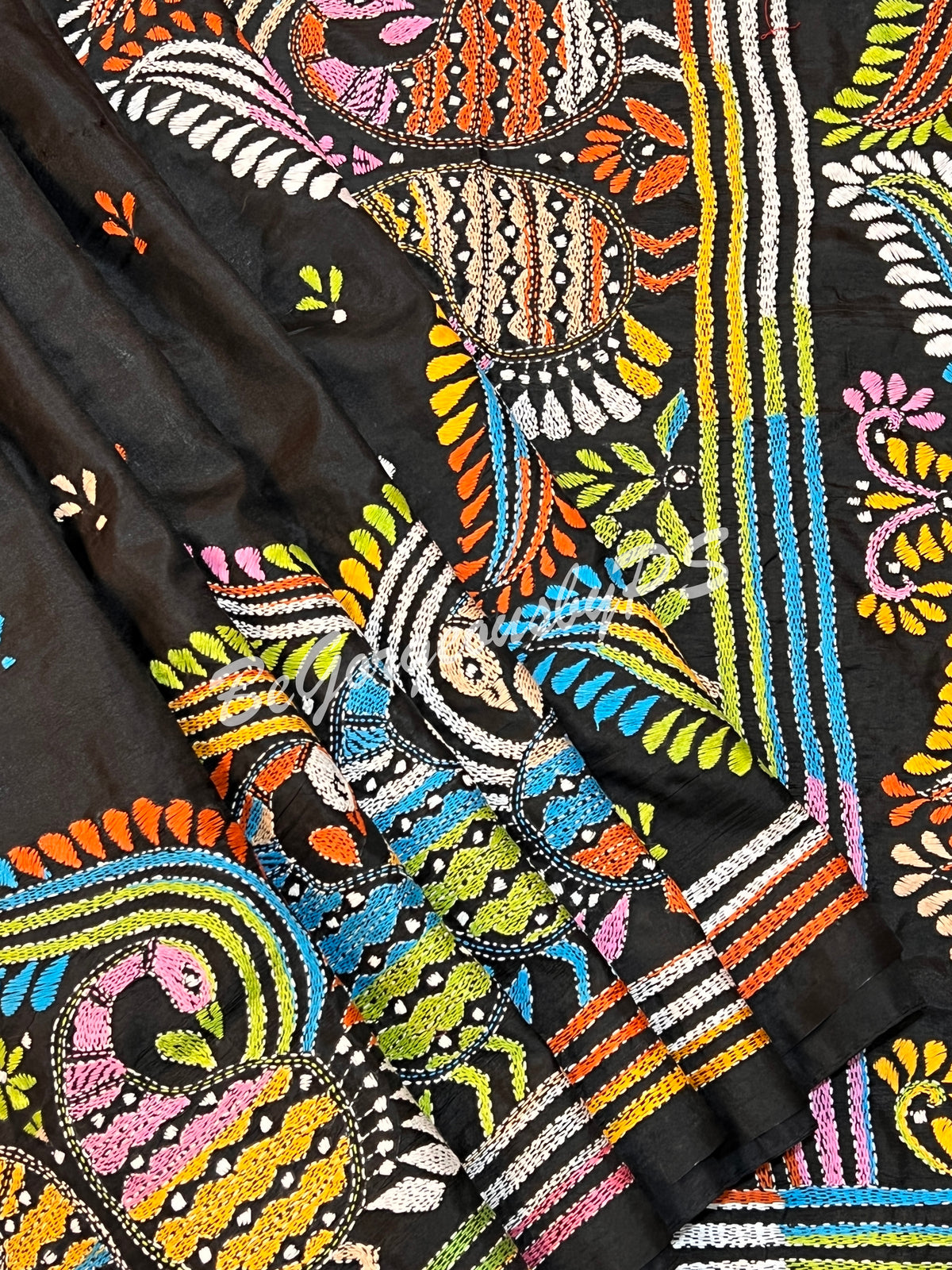 KANTHA BANGALORE SILK BLACK PEACOKS SAREE