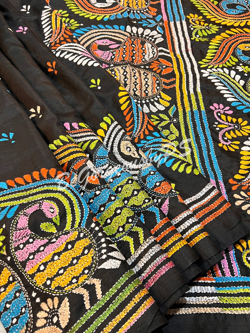 KANTHA BANGALORE SILK BLACK PEACOKS SAREE