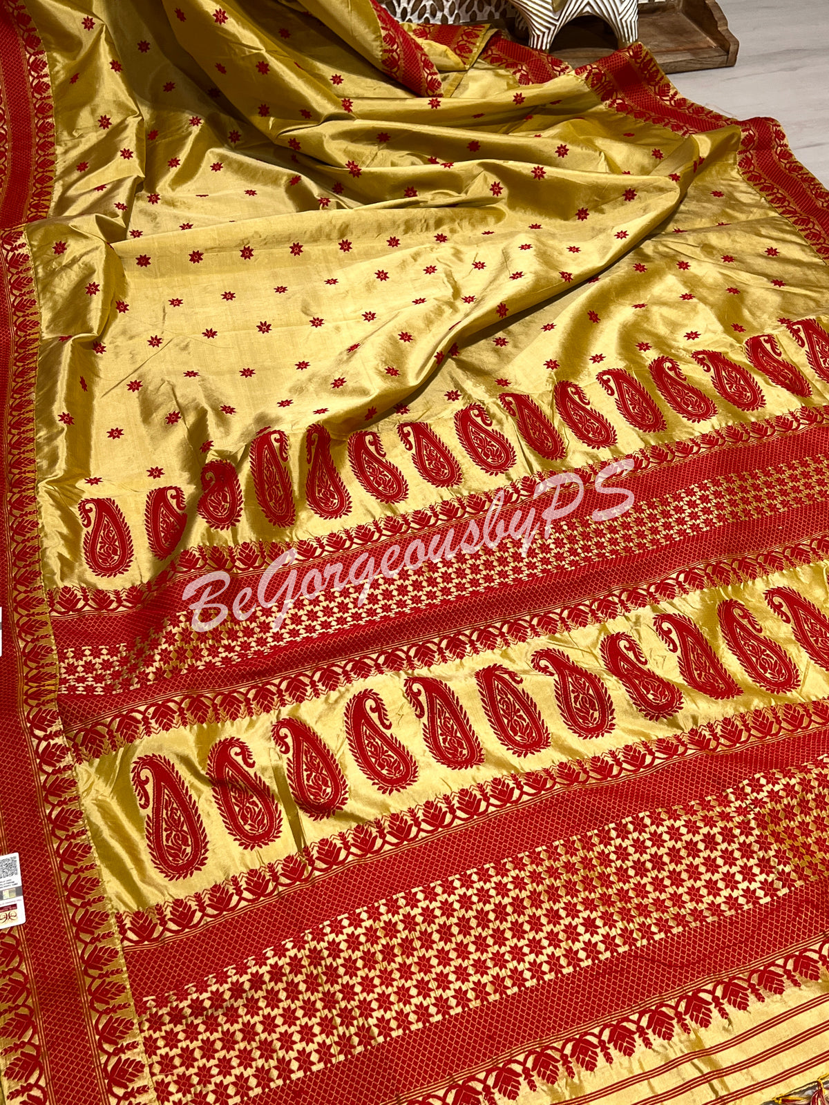 ASSAM SILK OFF WHITE AND RED SAREE