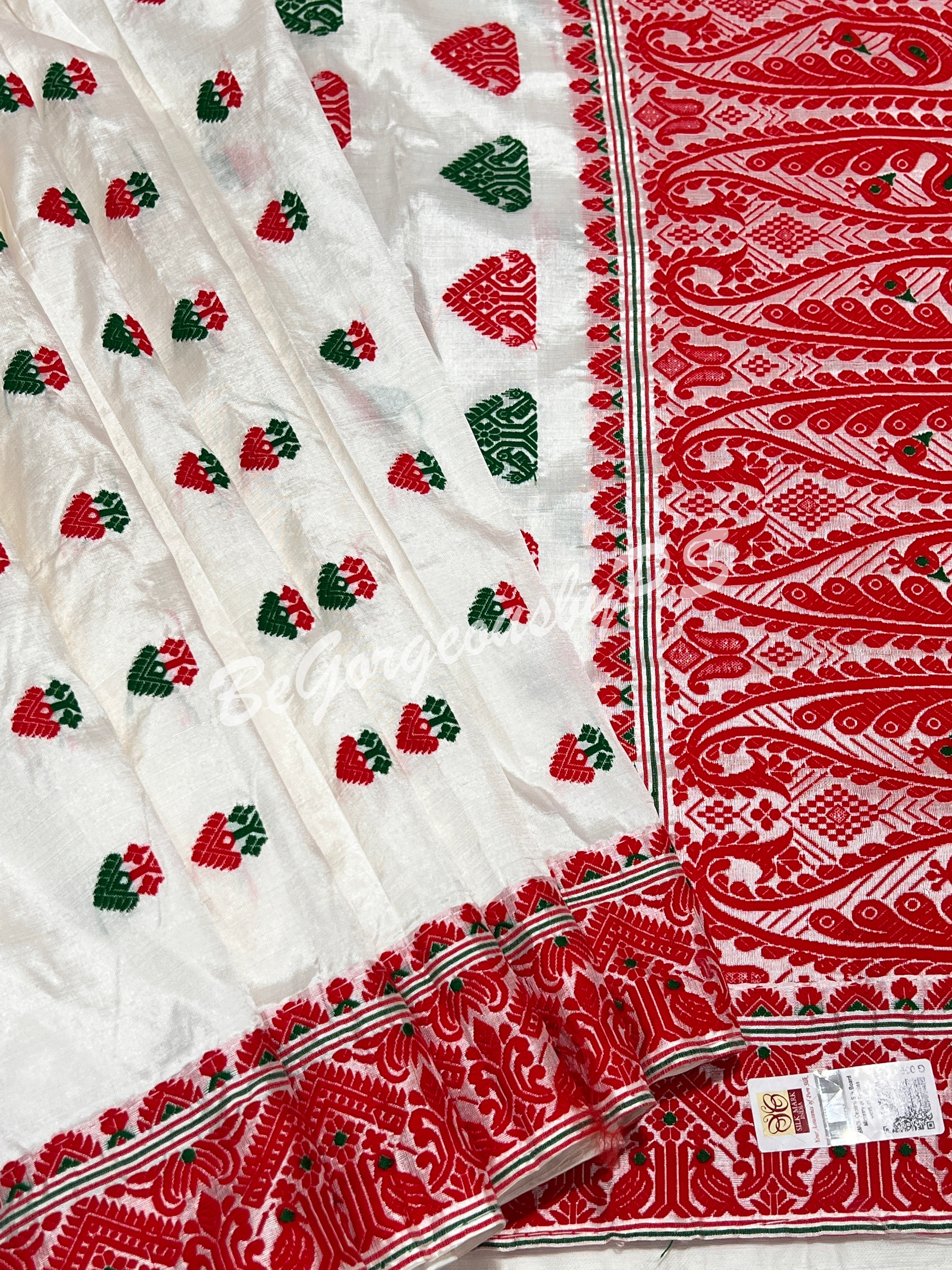 ASSAM SILK WHITE RED SAREE