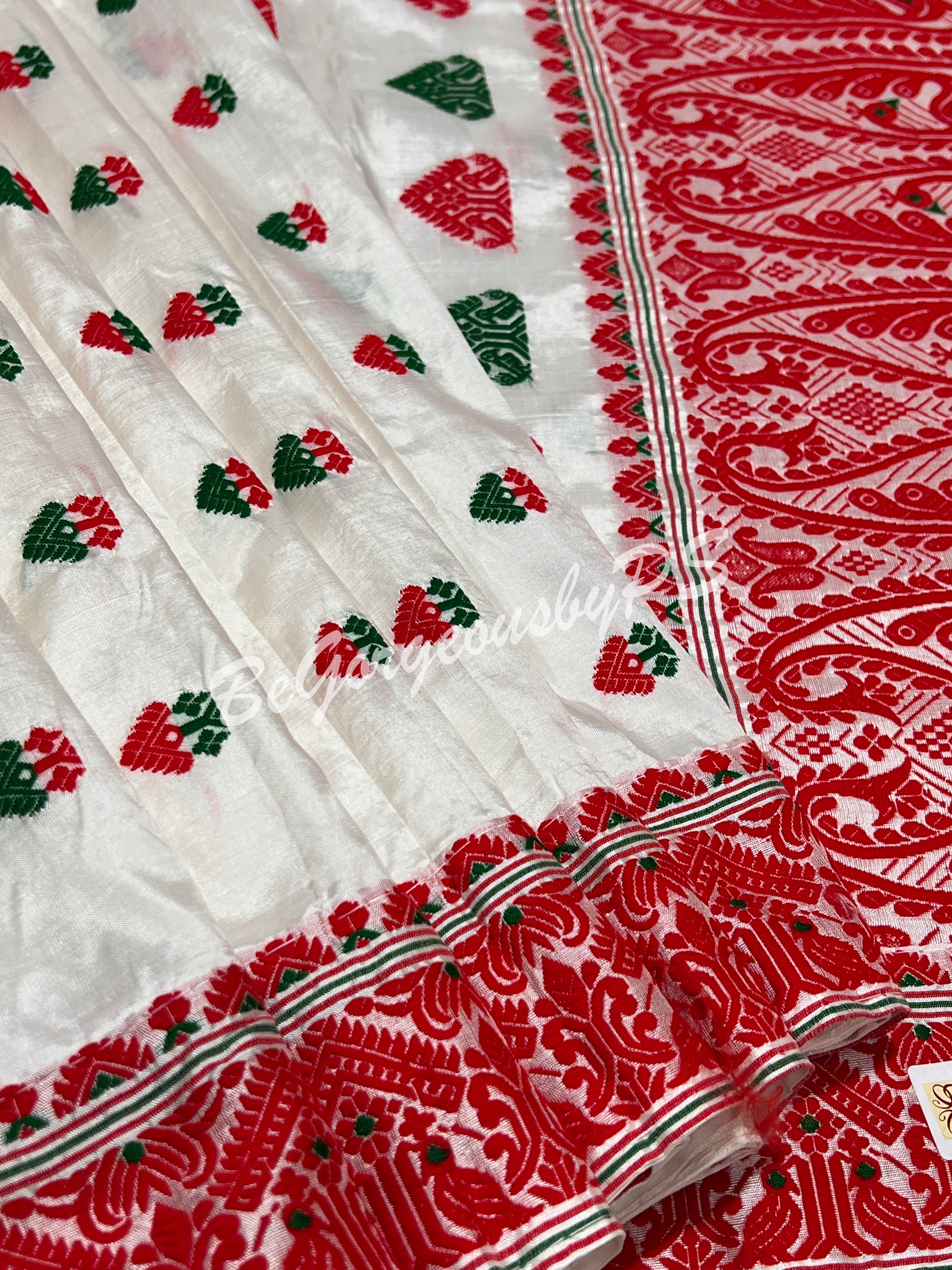 ASSAM SILK WHITE RED SAREE