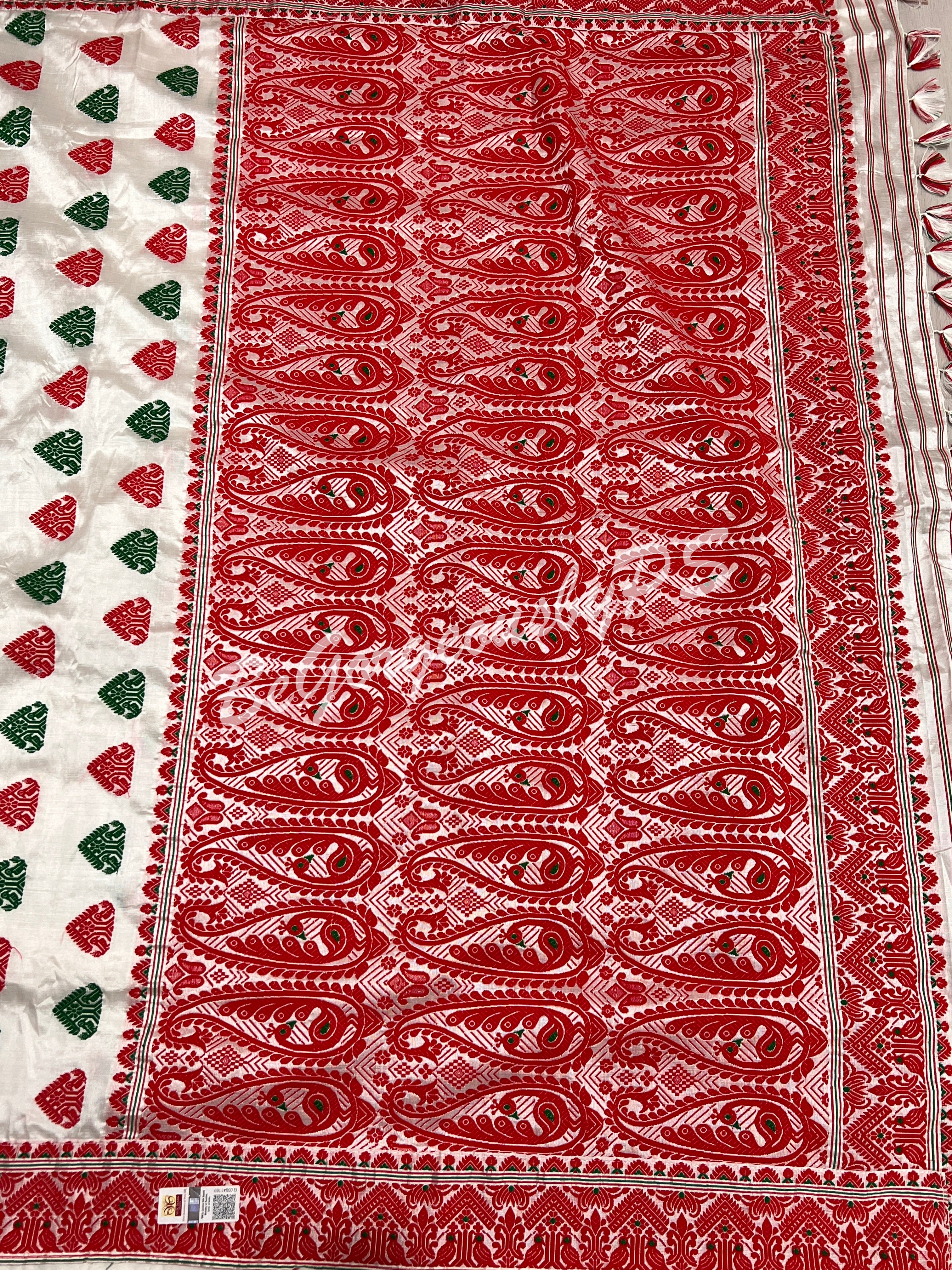 ASSAM SILK WHITE RED SAREE