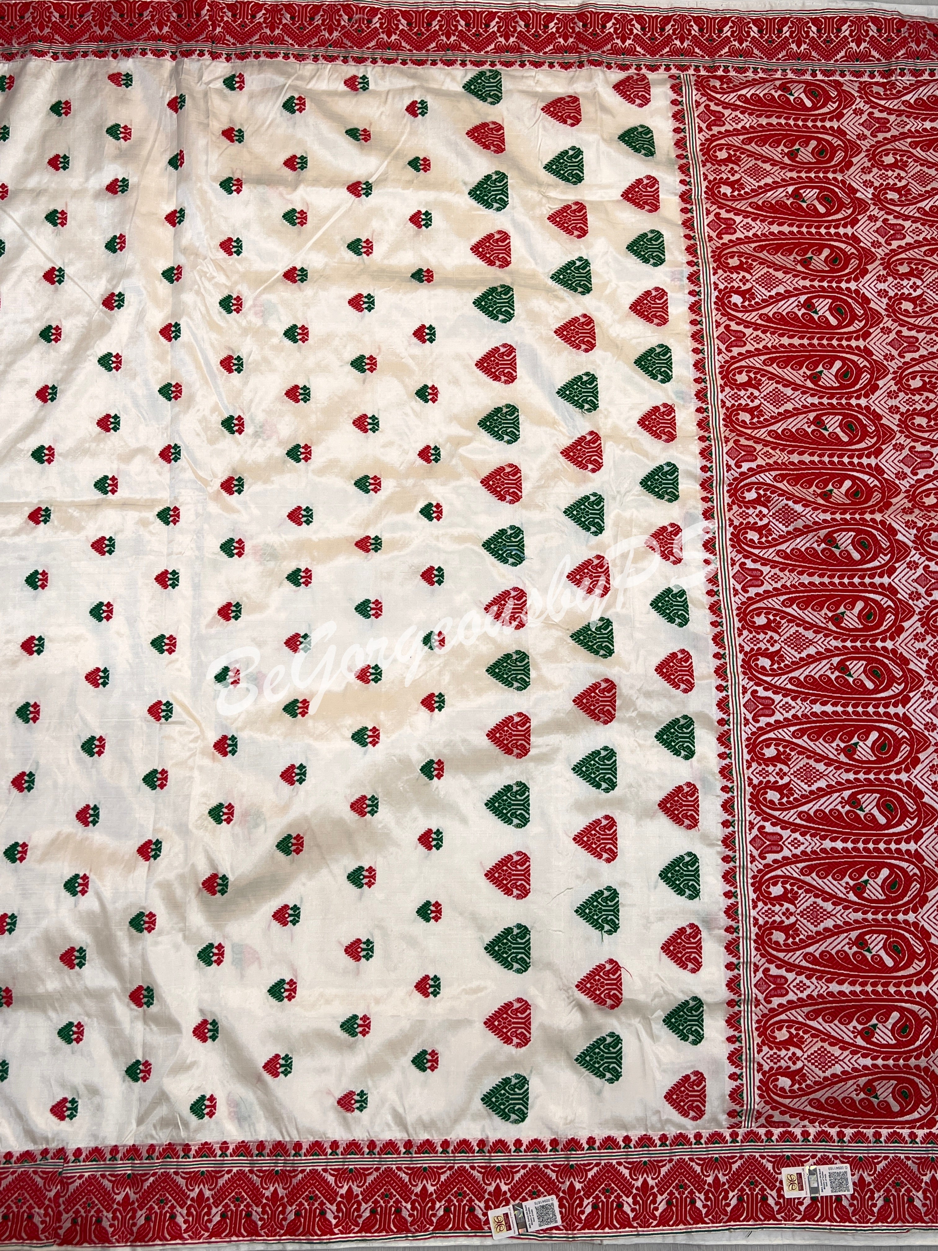 ASSAM SILK WHITE RED SAREE