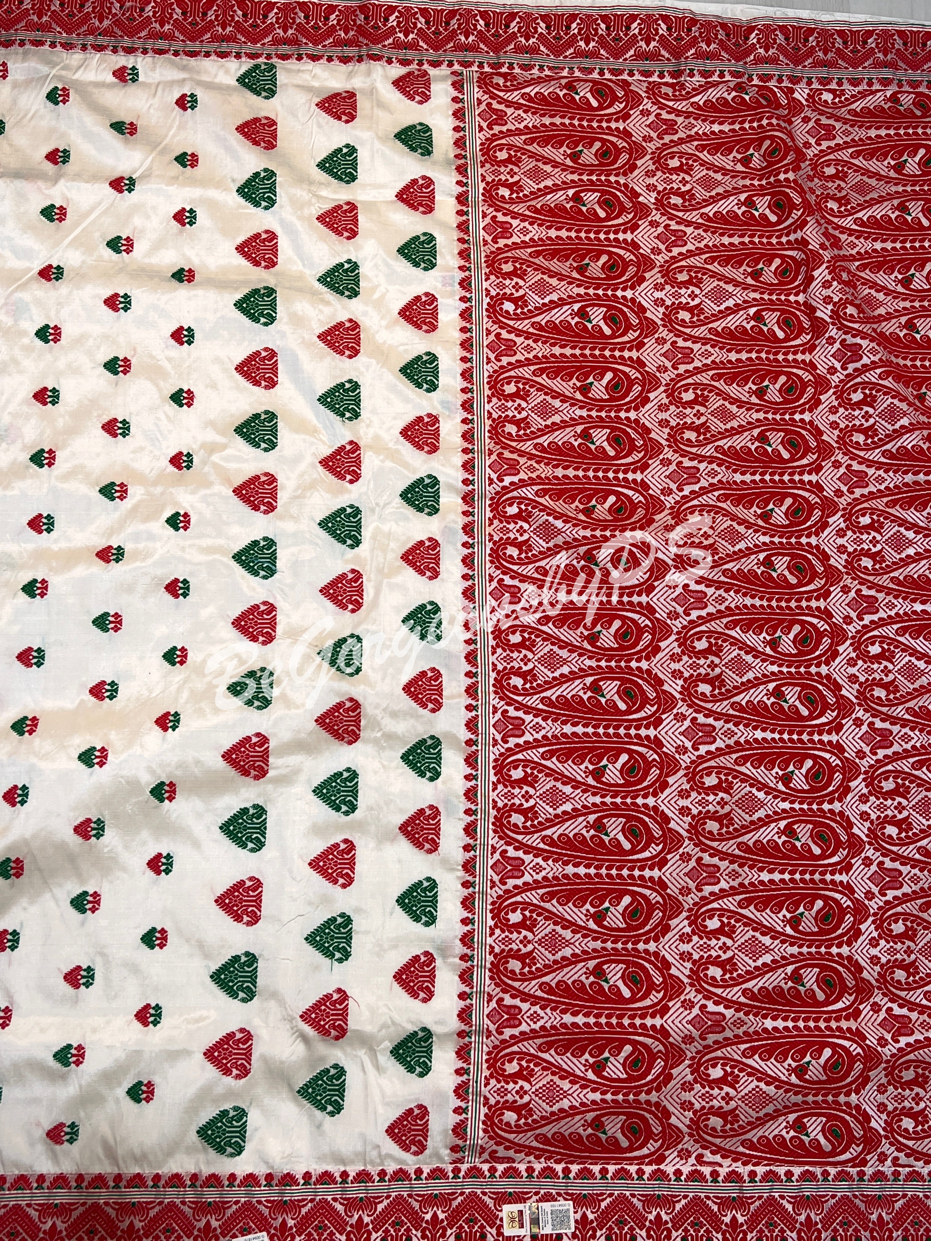 ASSAM SILK WHITE RED SAREE