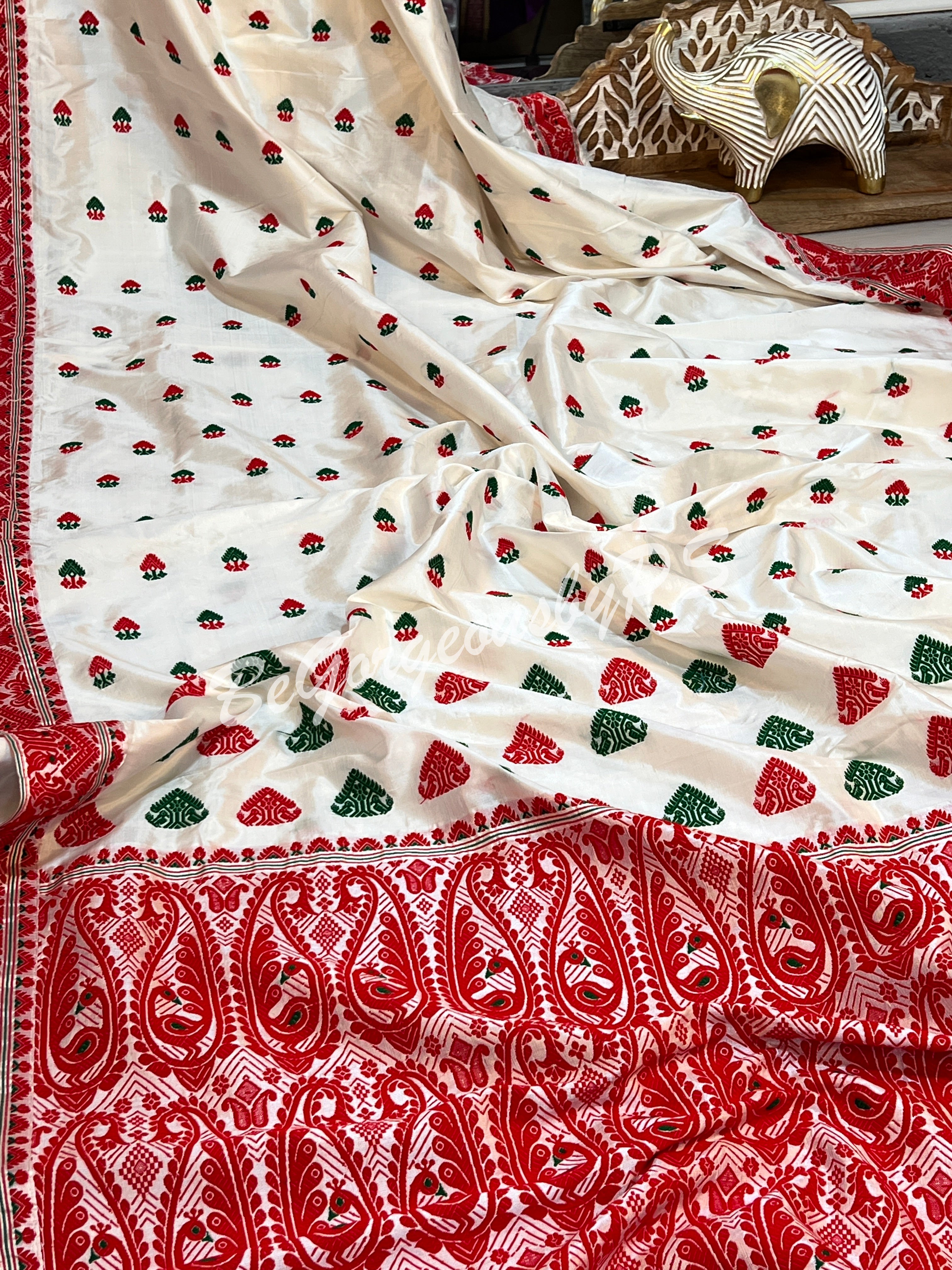 ASSAM SILK WHITE RED SAREE