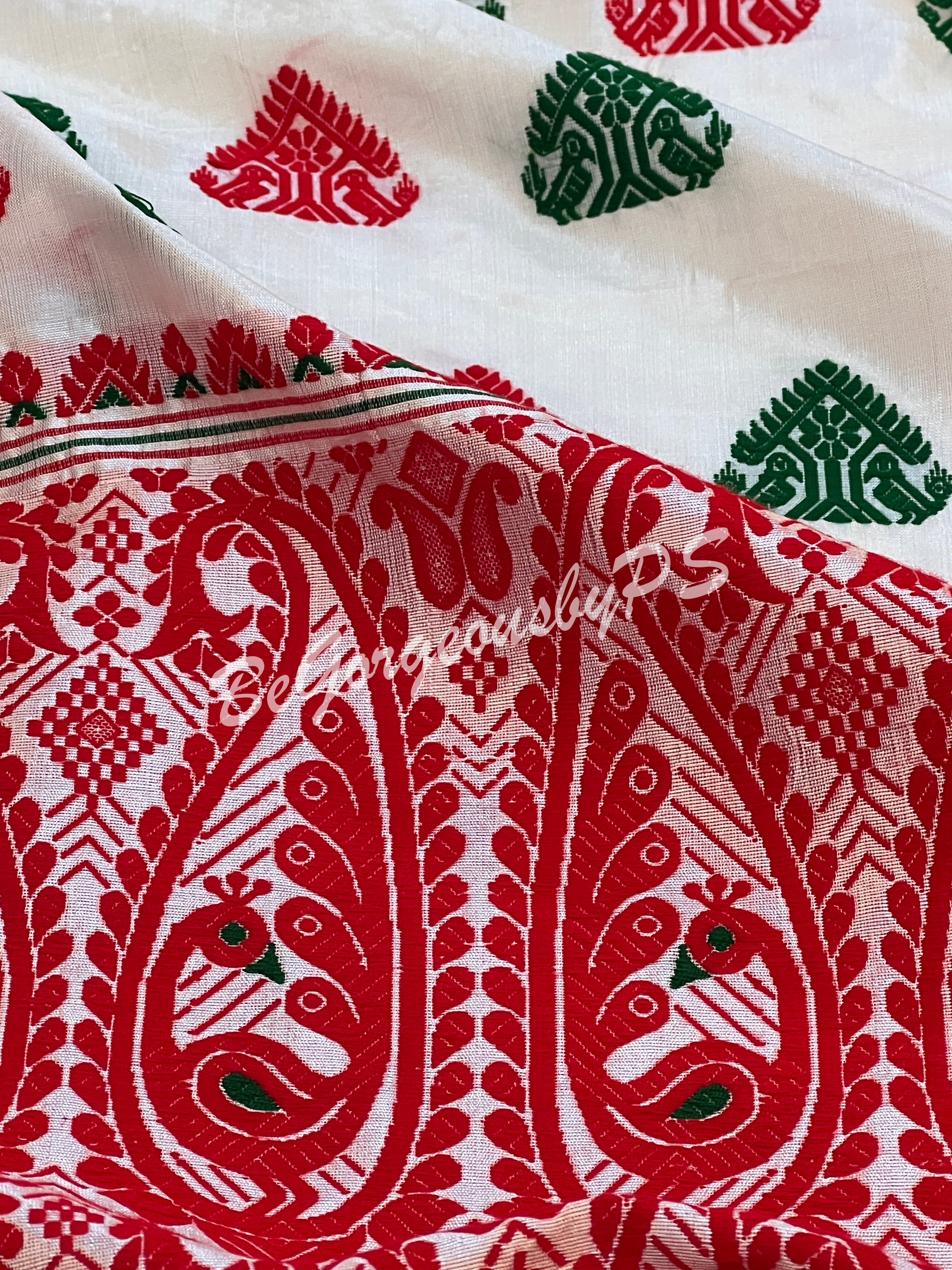 ASSAM SILK WHITE RED SAREE