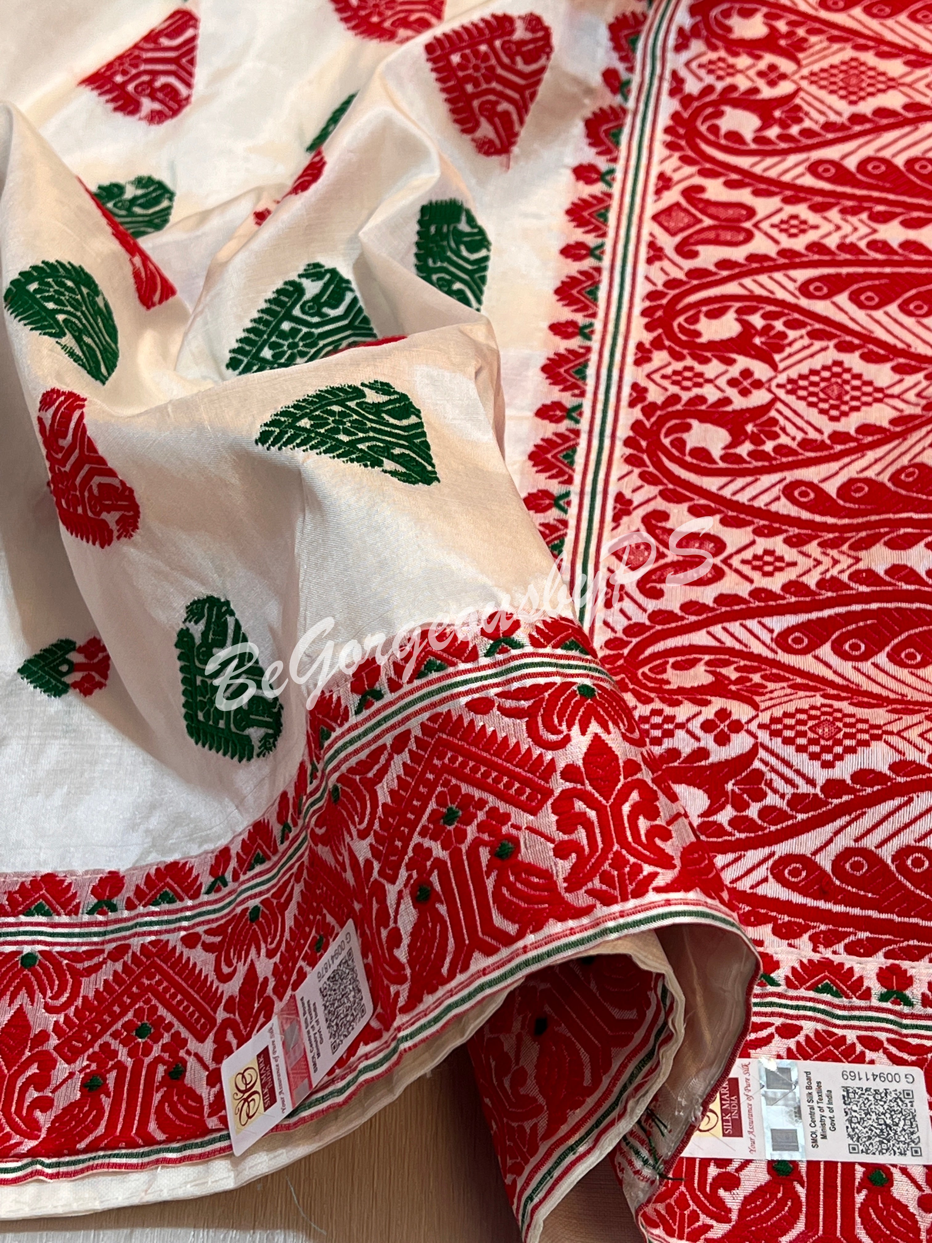 ASSAM SILK WHITE RED SAREE