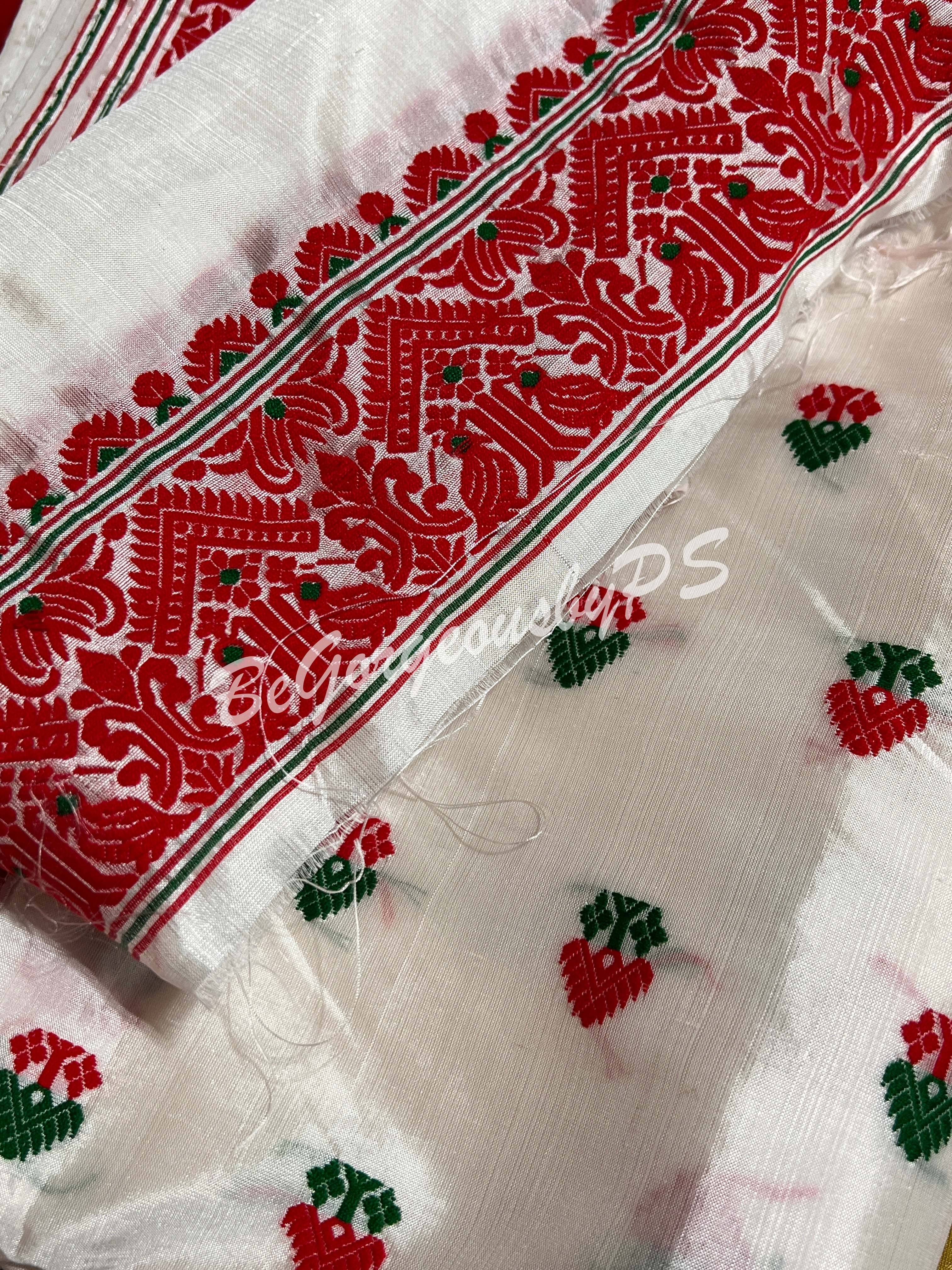 ASSAM SILK WHITE RED SAREE