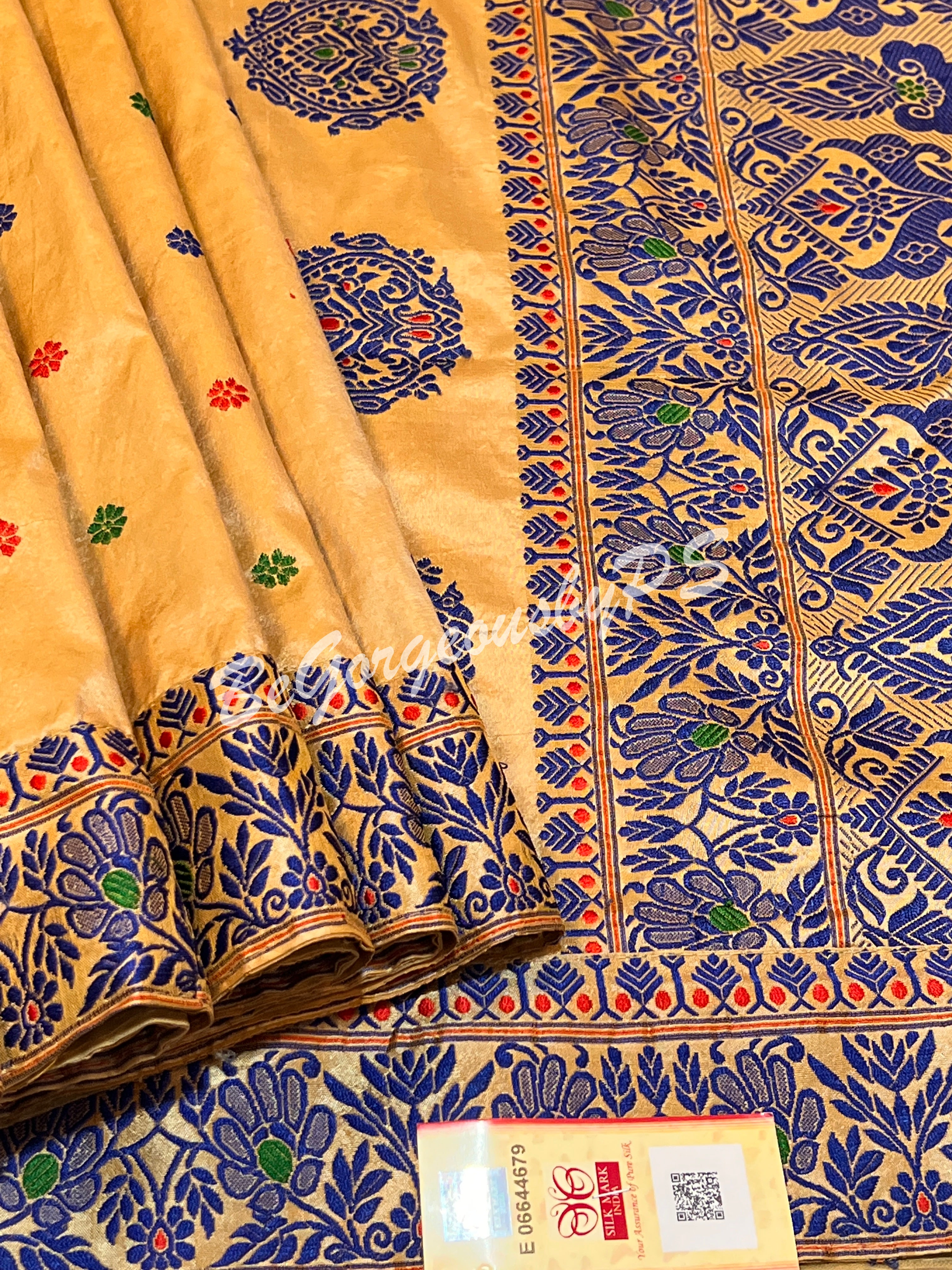 ASSAM SILK CREAM BLUE SAREE