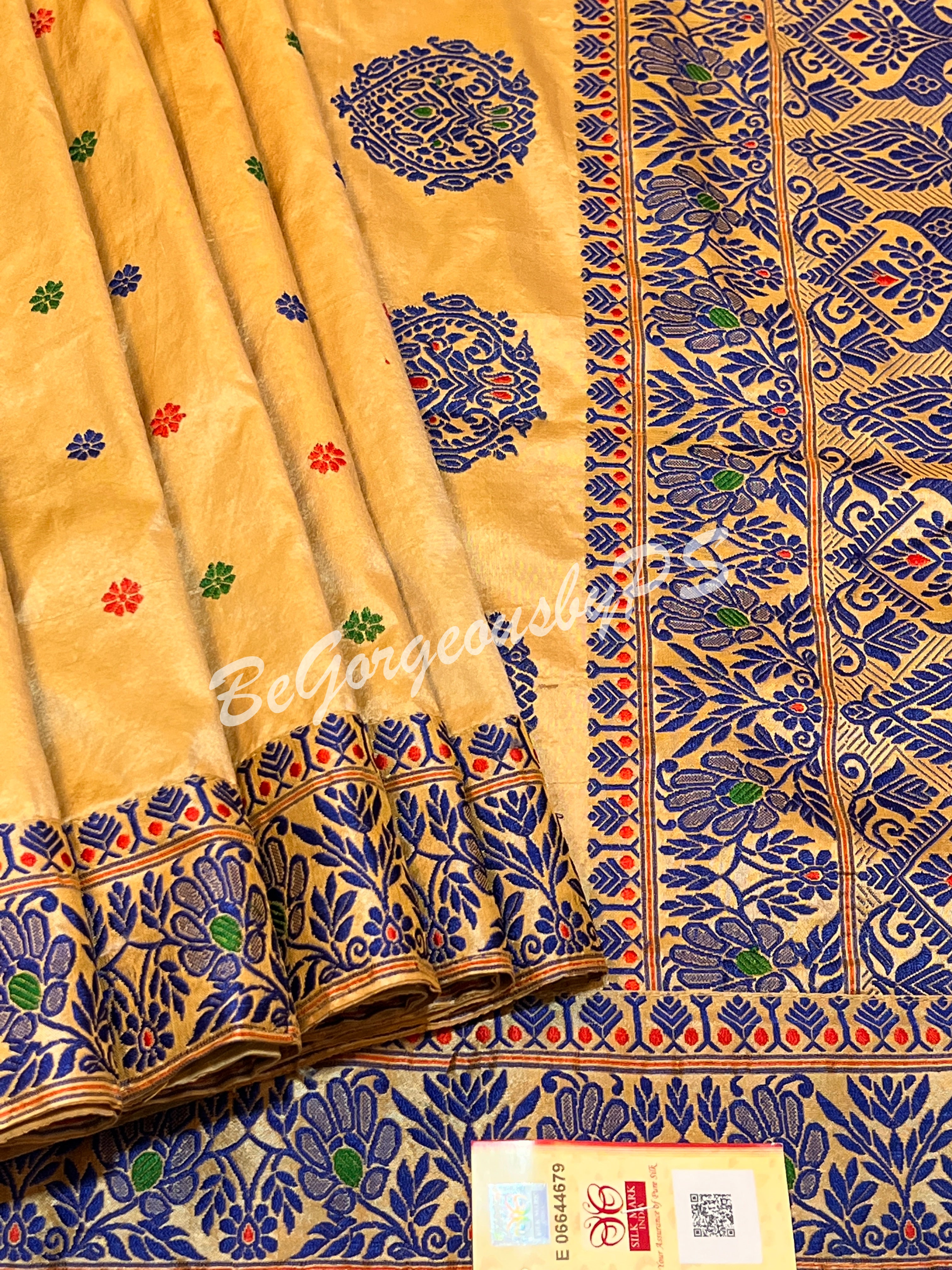 ASSAM SILK CREAM BLUE SAREE