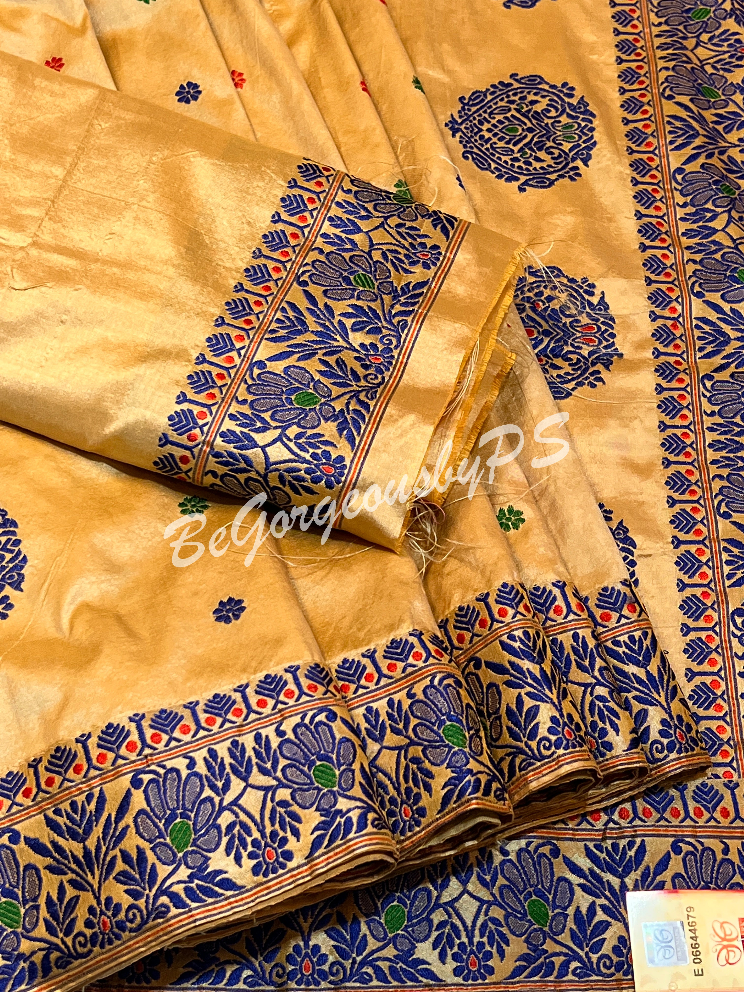 ASSAM SILK CREAM BLUE SAREE