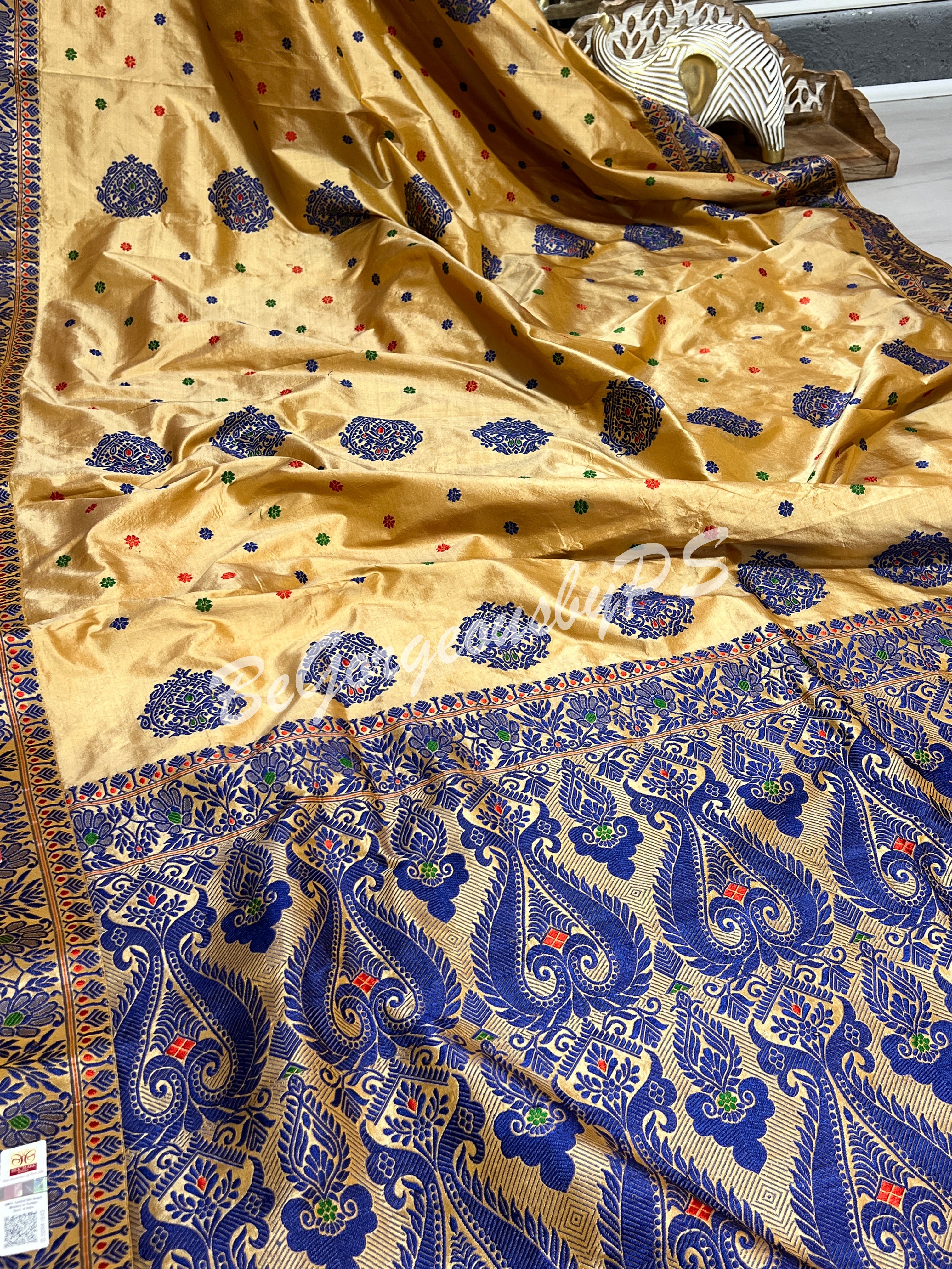 ASSAM SILK CREAM BLUE SAREE