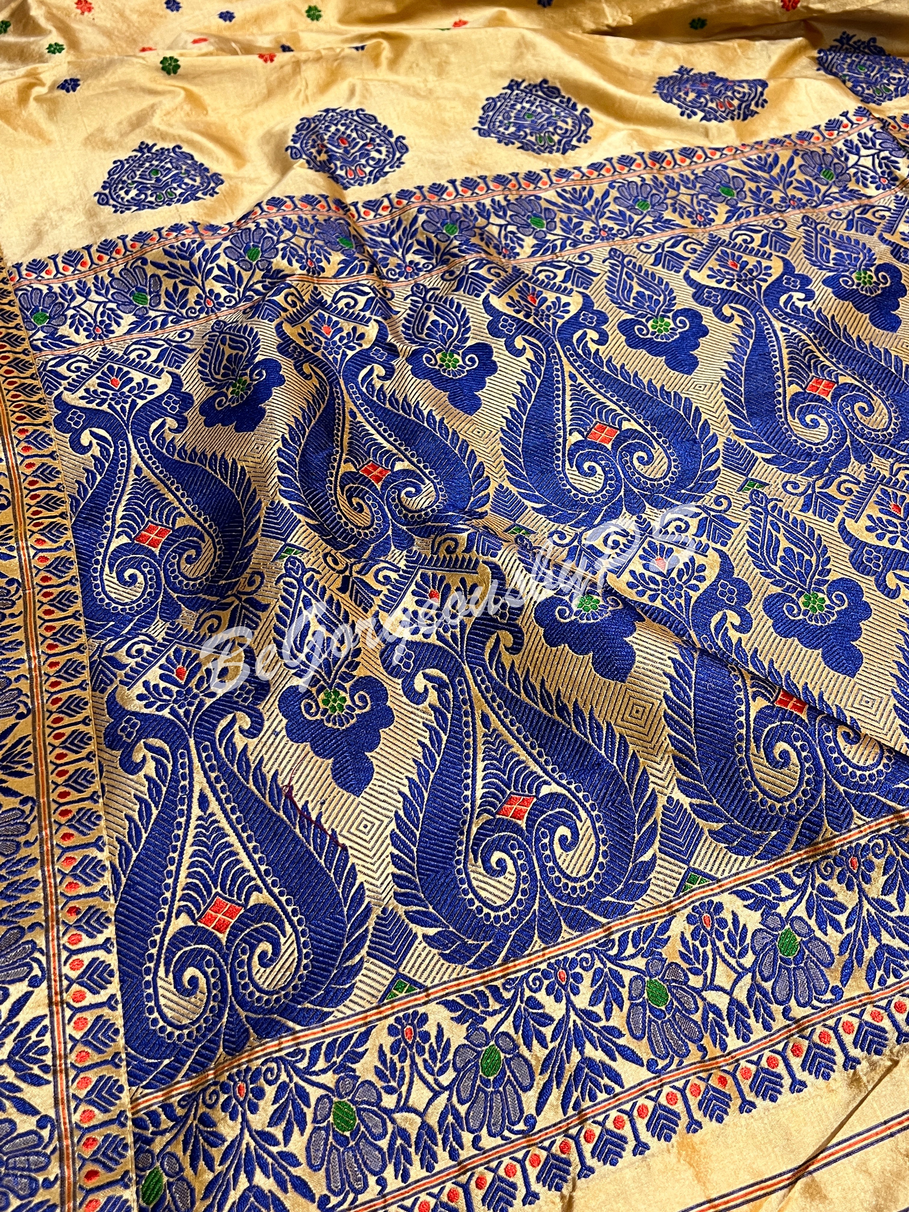 ASSAM SILK CREAM BLUE SAREE