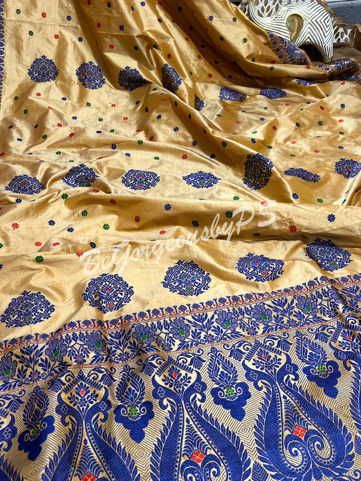 ASSAM SILK CREAM BLUE SAREE