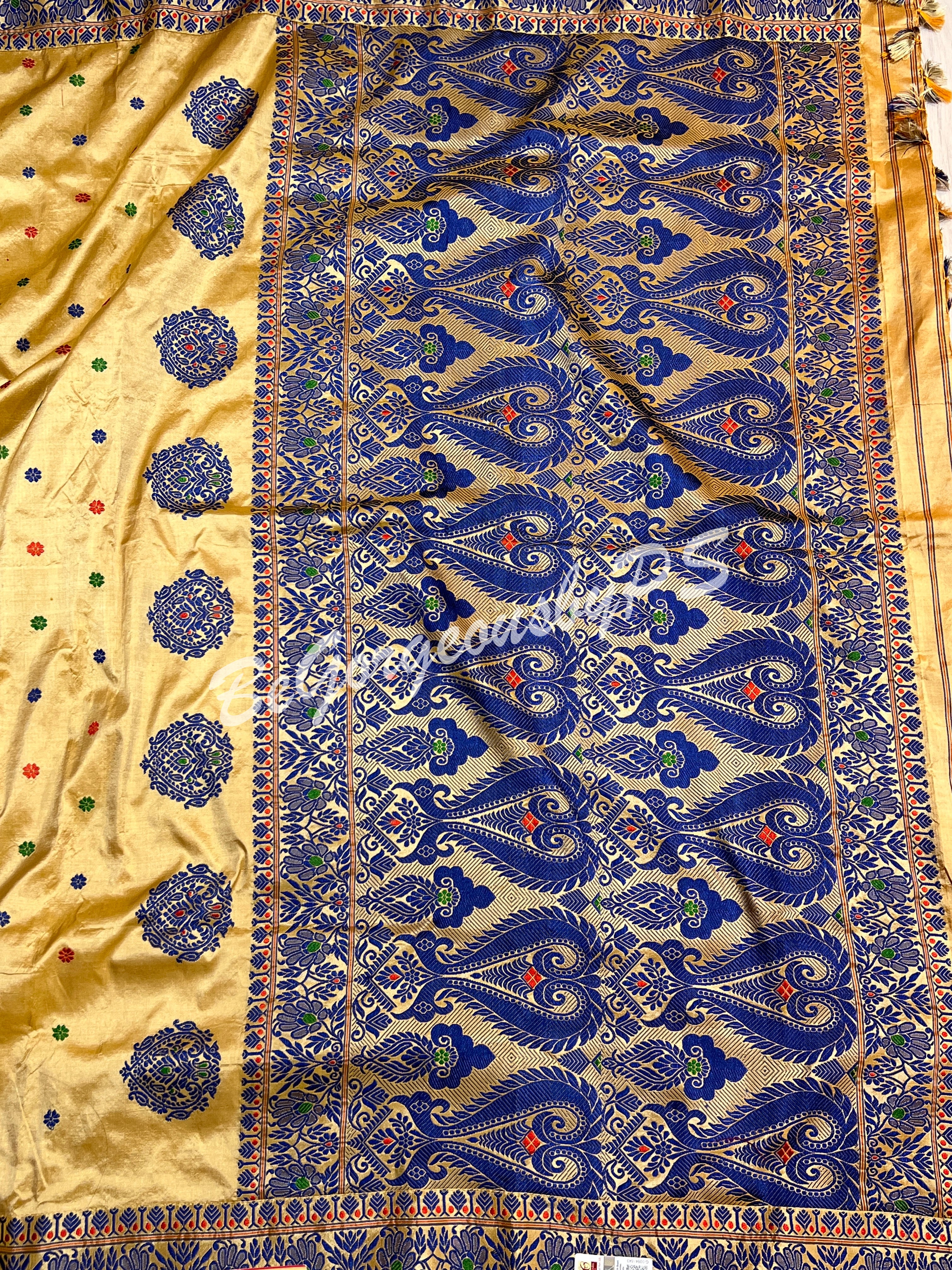 ASSAM SILK CREAM BLUE SAREE