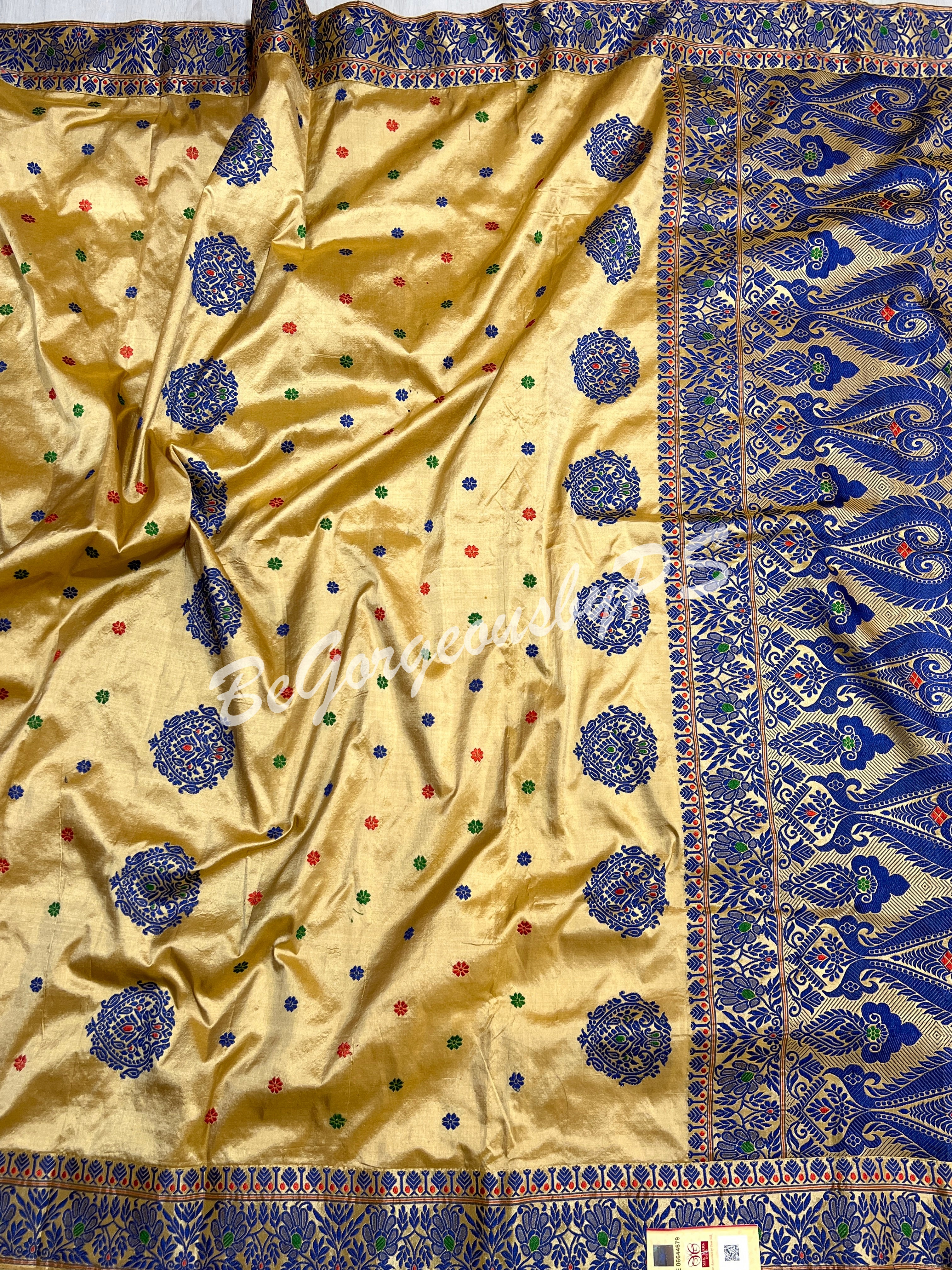 ASSAM SILK CREAM BLUE SAREE