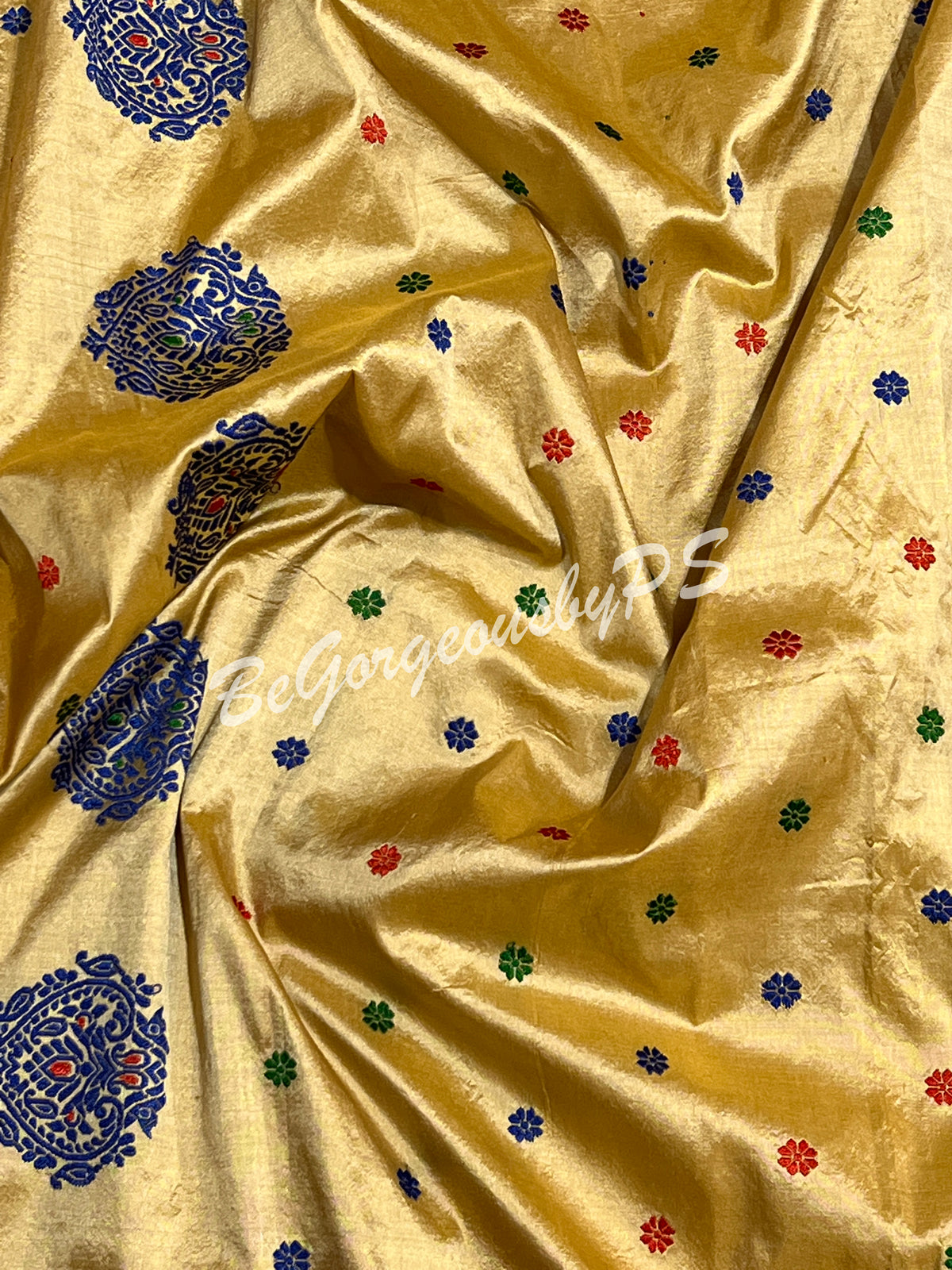 ASSAM SILK CREAM BLUE SAREE