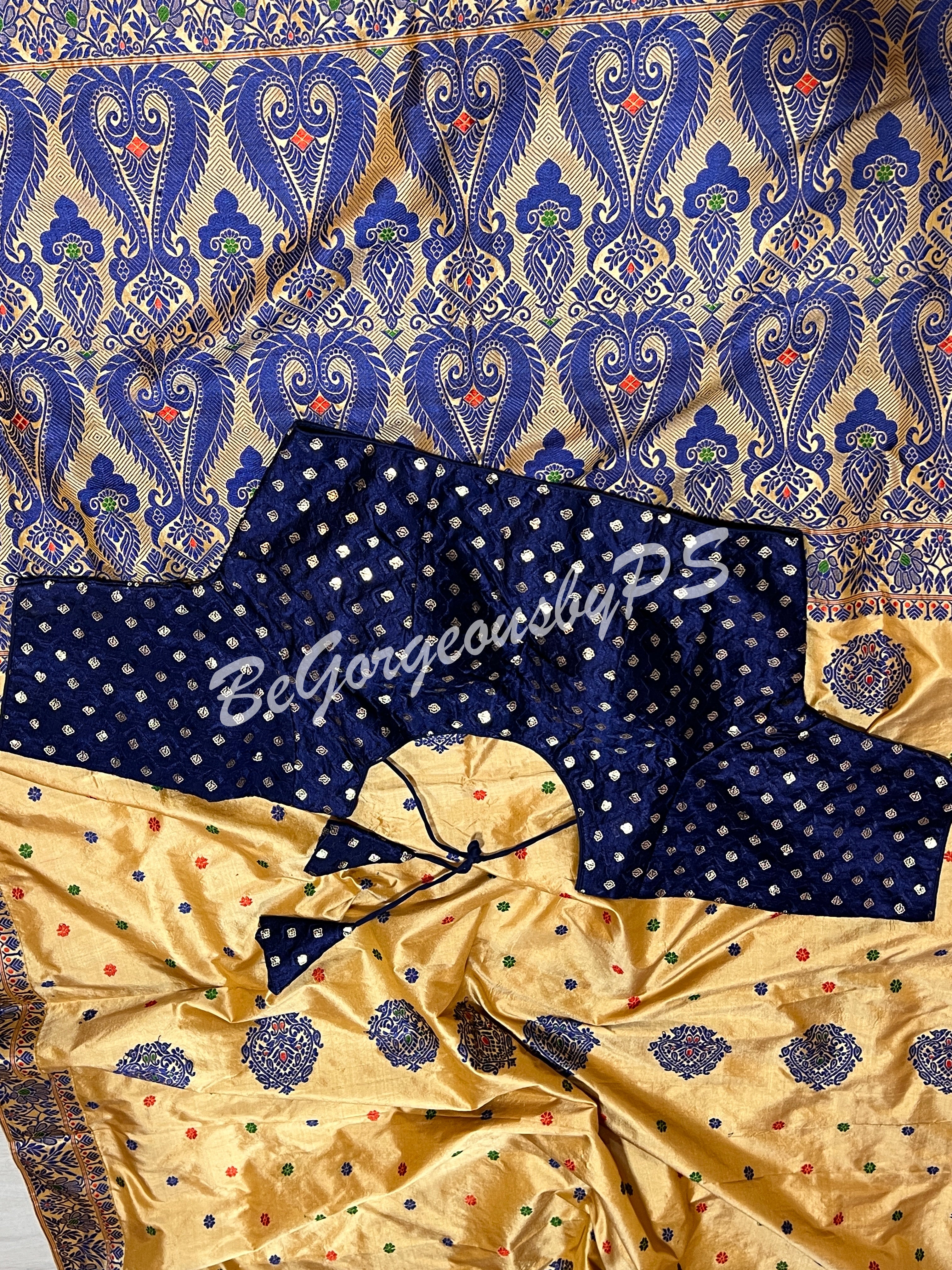 ASSAM SILK CREAM BLUE SAREE