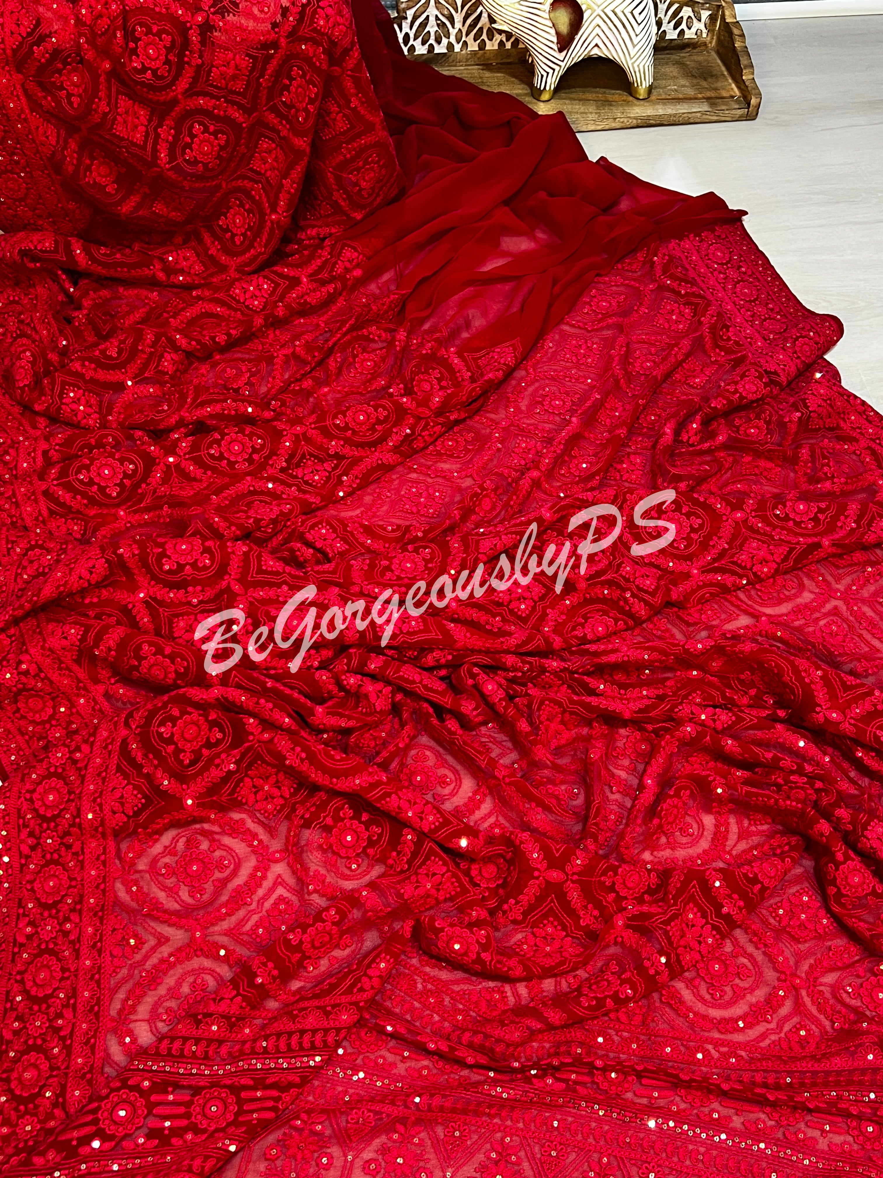 CHIKANKARI FLOWERS RED