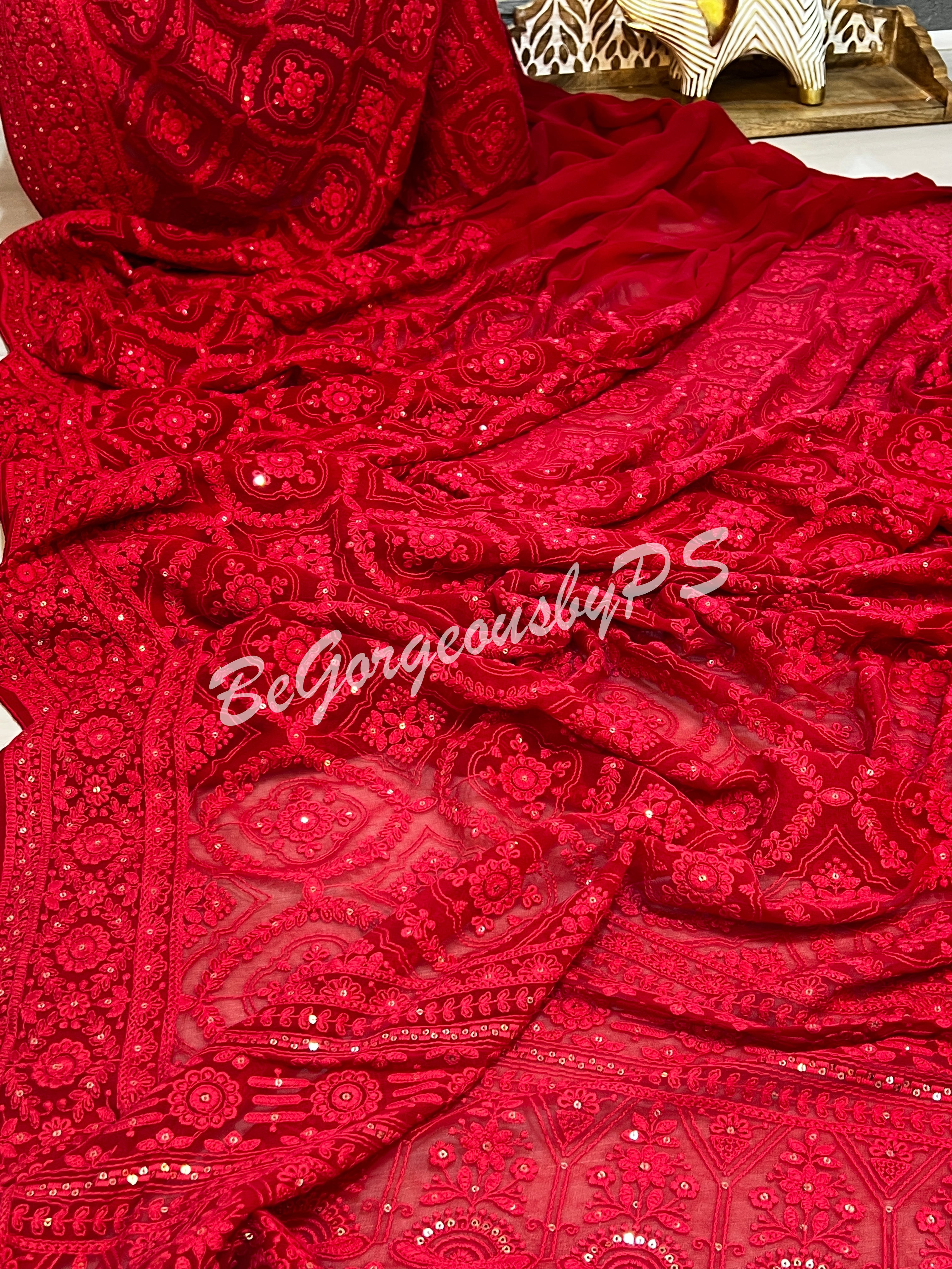 CHIKANKARI FLOWERS RED