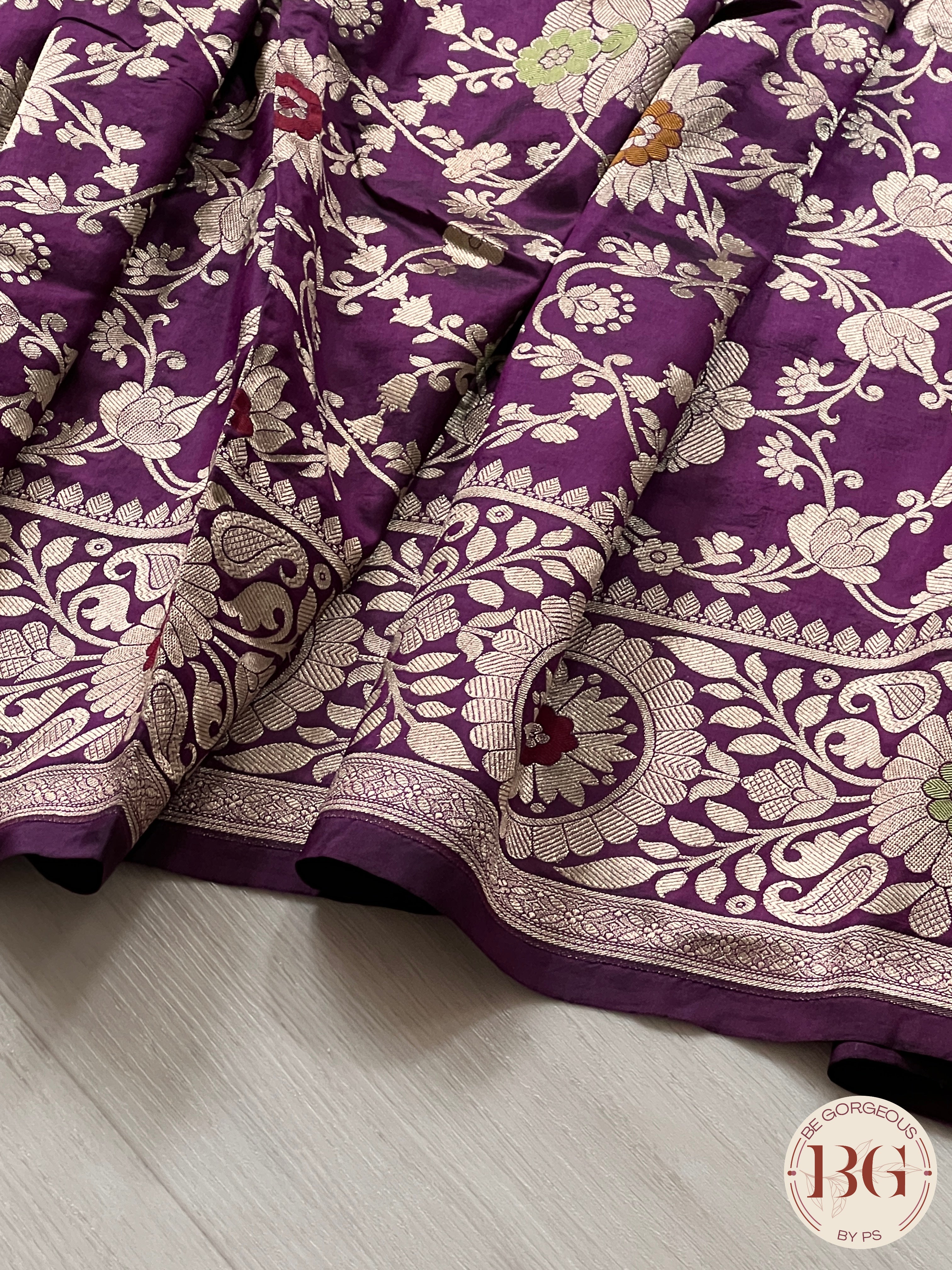 Banarasi Handloom Katan Silk Meenakari golden zari weaved saree, silkmark certified - Purple