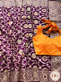 Banarasi Handloom Katan Silk Meenakari golden zari weaved saree, silkmark certified - Purple