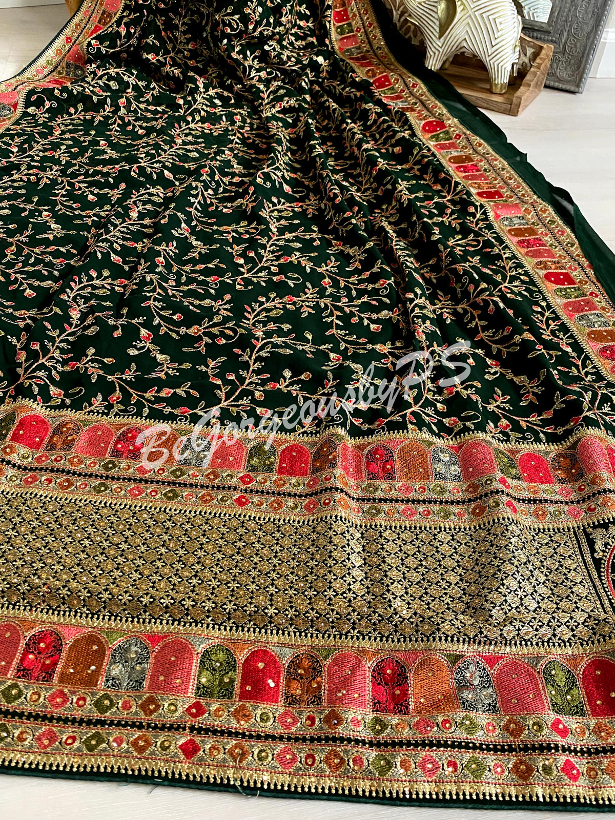 Kashmiri Embroidery pure georgette saree with sarowski work