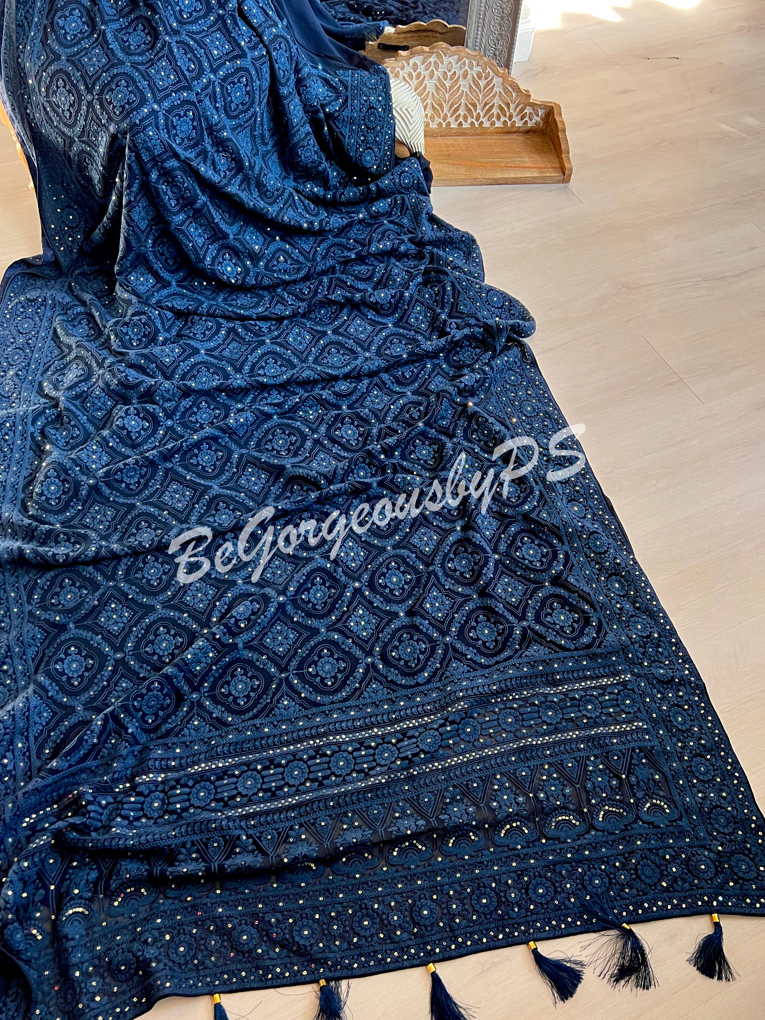 CHIKANKARI FLOWERS NAVY