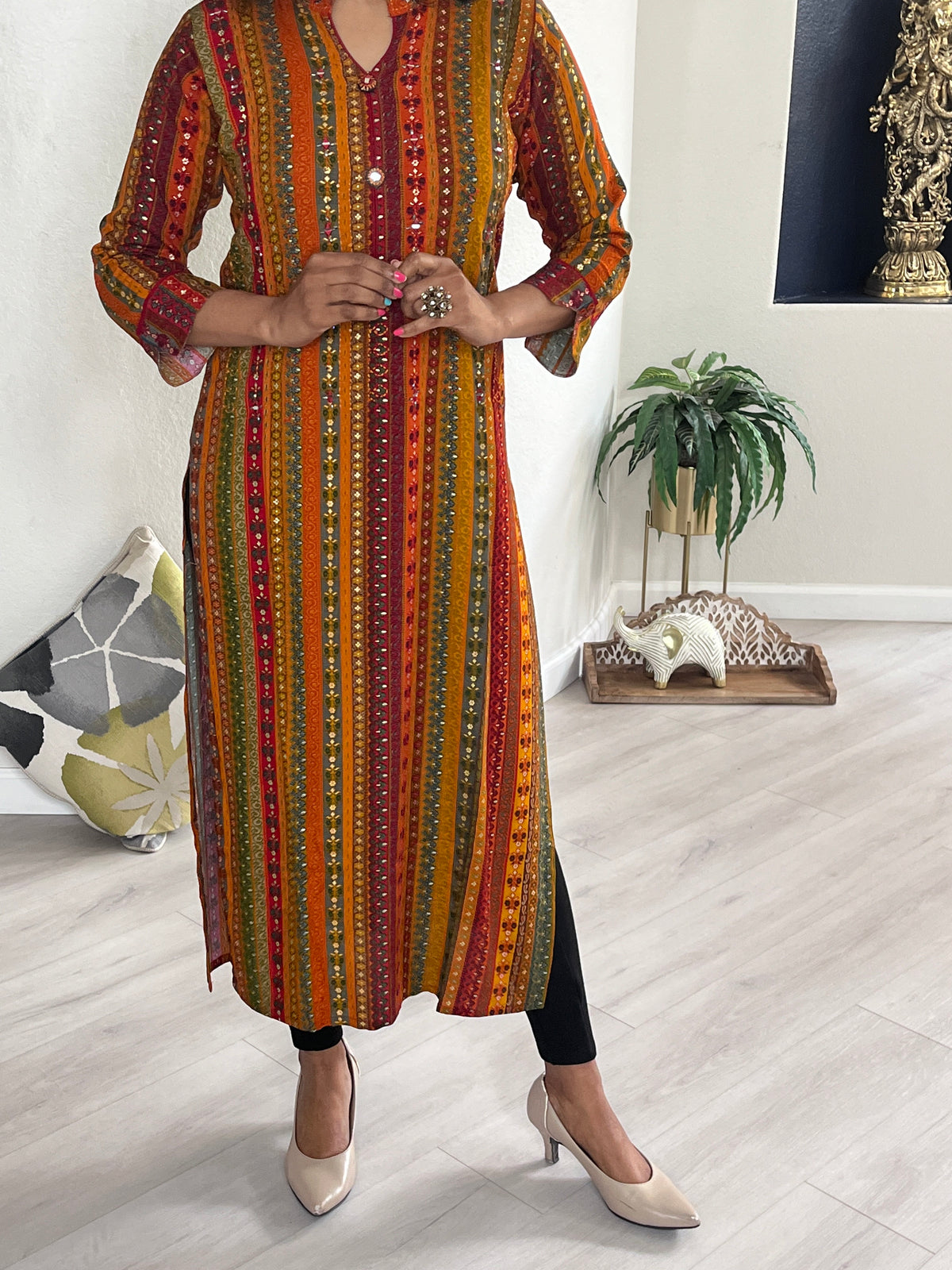 Straight cut Reyon multicolor Kurti with print and embroidery.