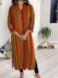 Straight cut Reyon multicolor Kurti with print and embroidery.
