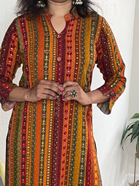 Straight cut Reyon multicolor Kurti with print and embroidery.