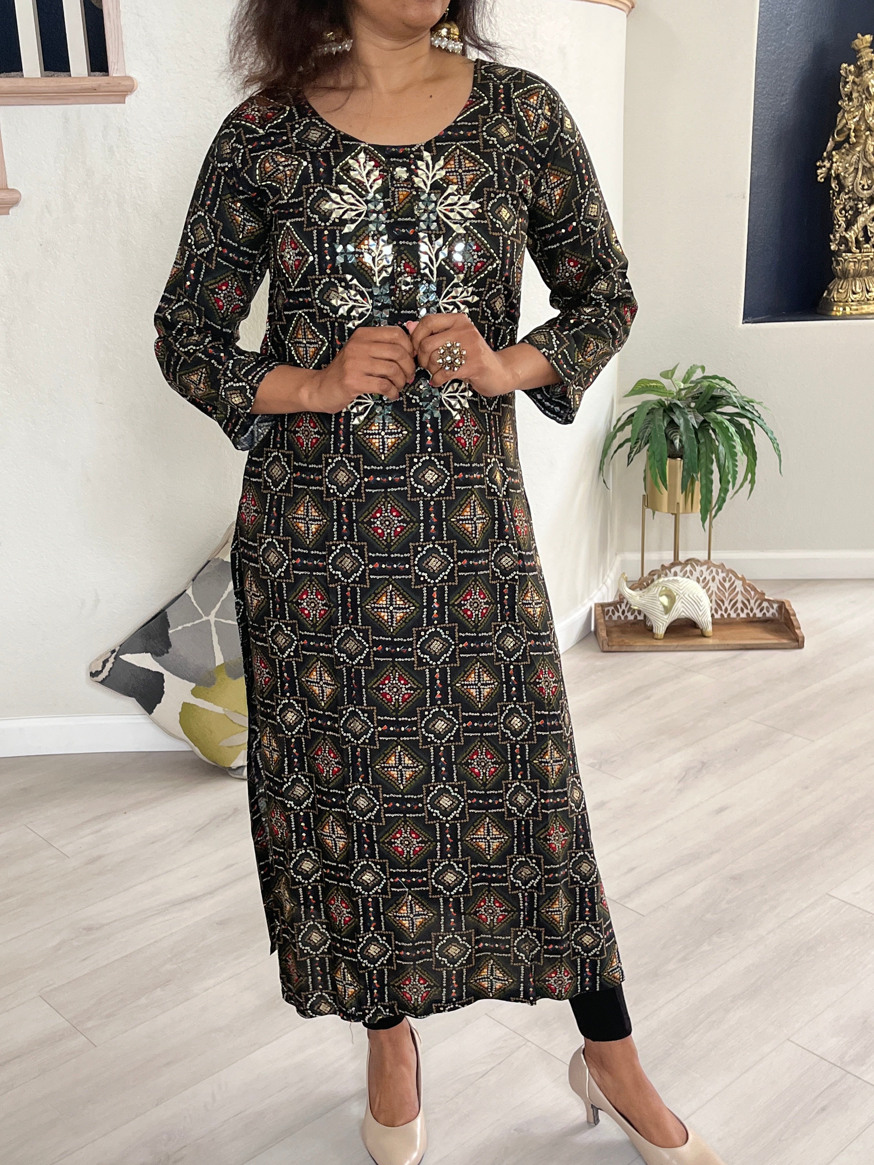 Black Straight cut Kurti with embroidery and mirror detailing