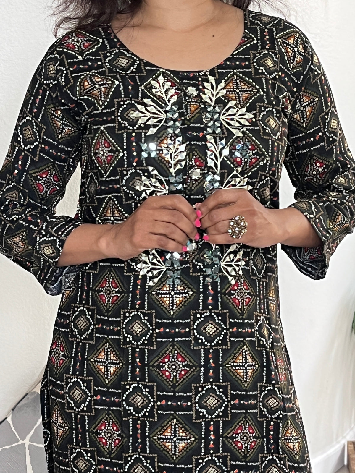 Black Straight cut Kurti with embroidery and mirror detailing