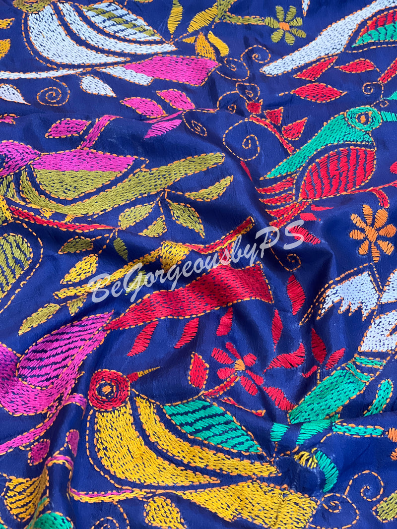 KANTHA BANGALORE SILK NAVY BLUE SAREE