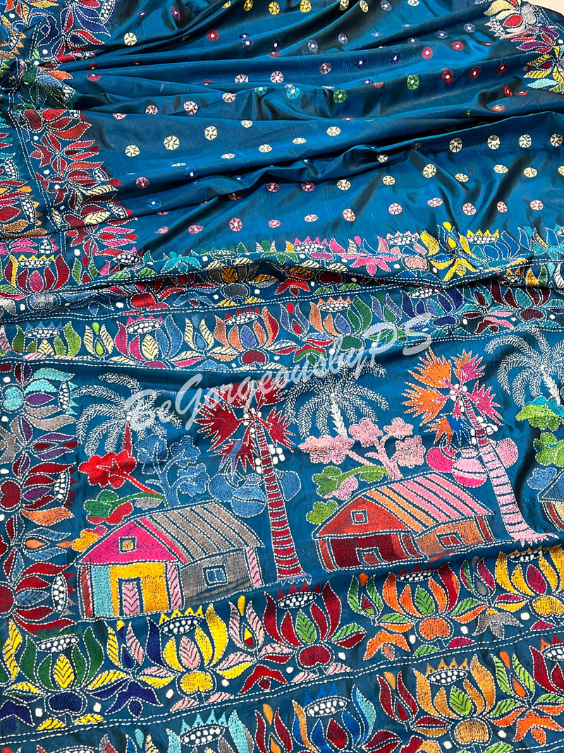 KANTHA BANGALORE SILK TURQOISE BLUE SAREE