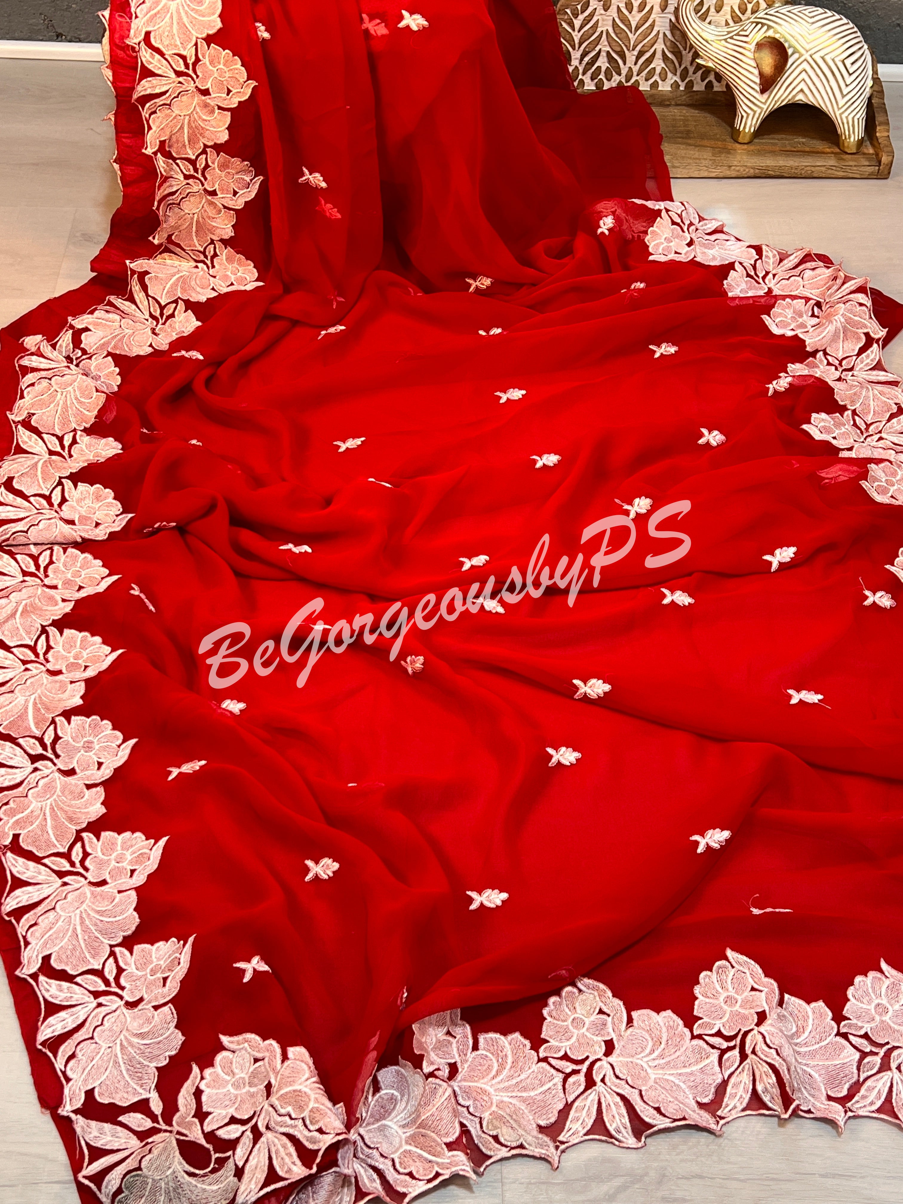 CUTWORK GEORGETTE RED & White