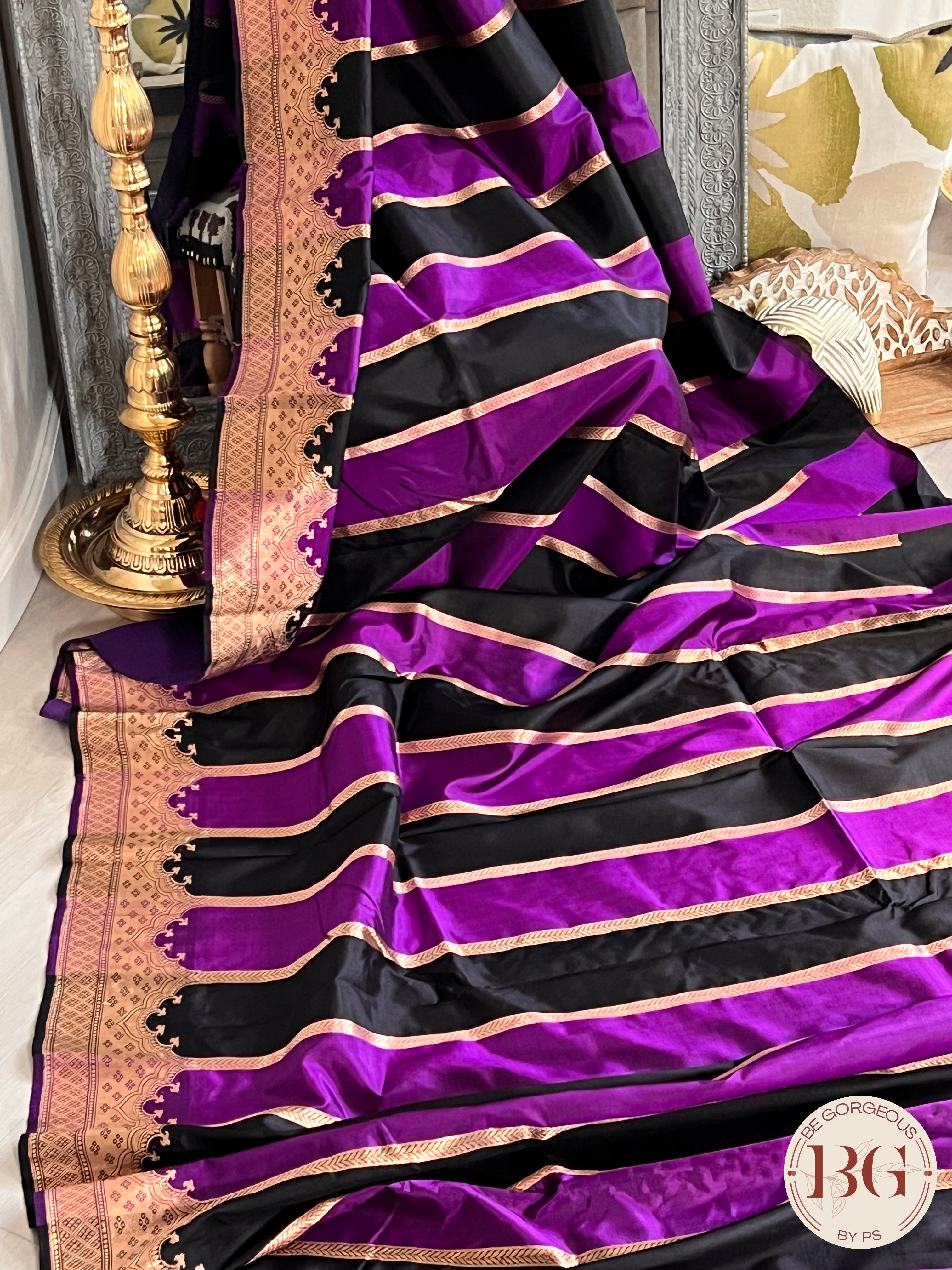 Banarasi Handloom Katan Silk antique zari khadua weaved saree, silkmark certified - Black Purple