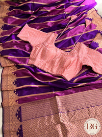 Banarasi Handloom Katan Silk antique zari khadua weaved saree, silkmark certified - Purple Pink