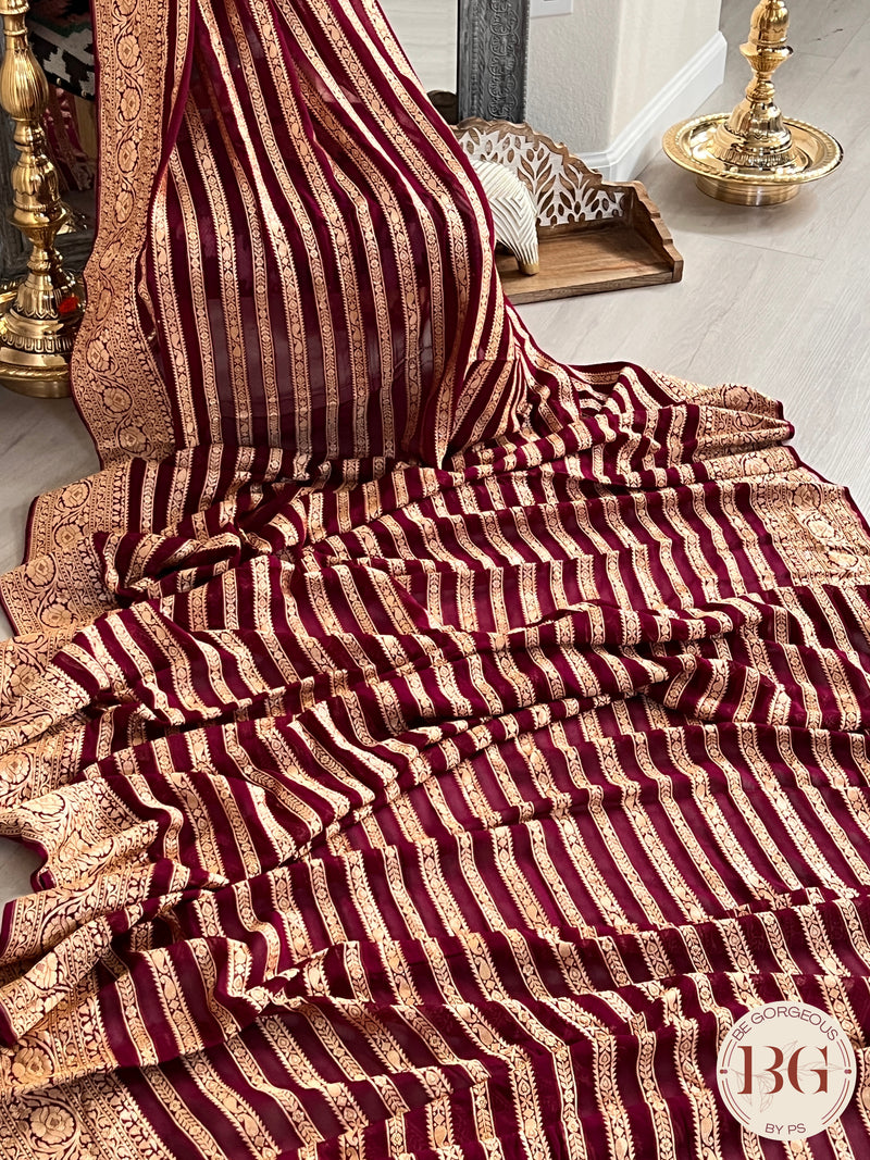 Banarasi Khaddi georgette silk weaved saree stripes, silmark certified - Red