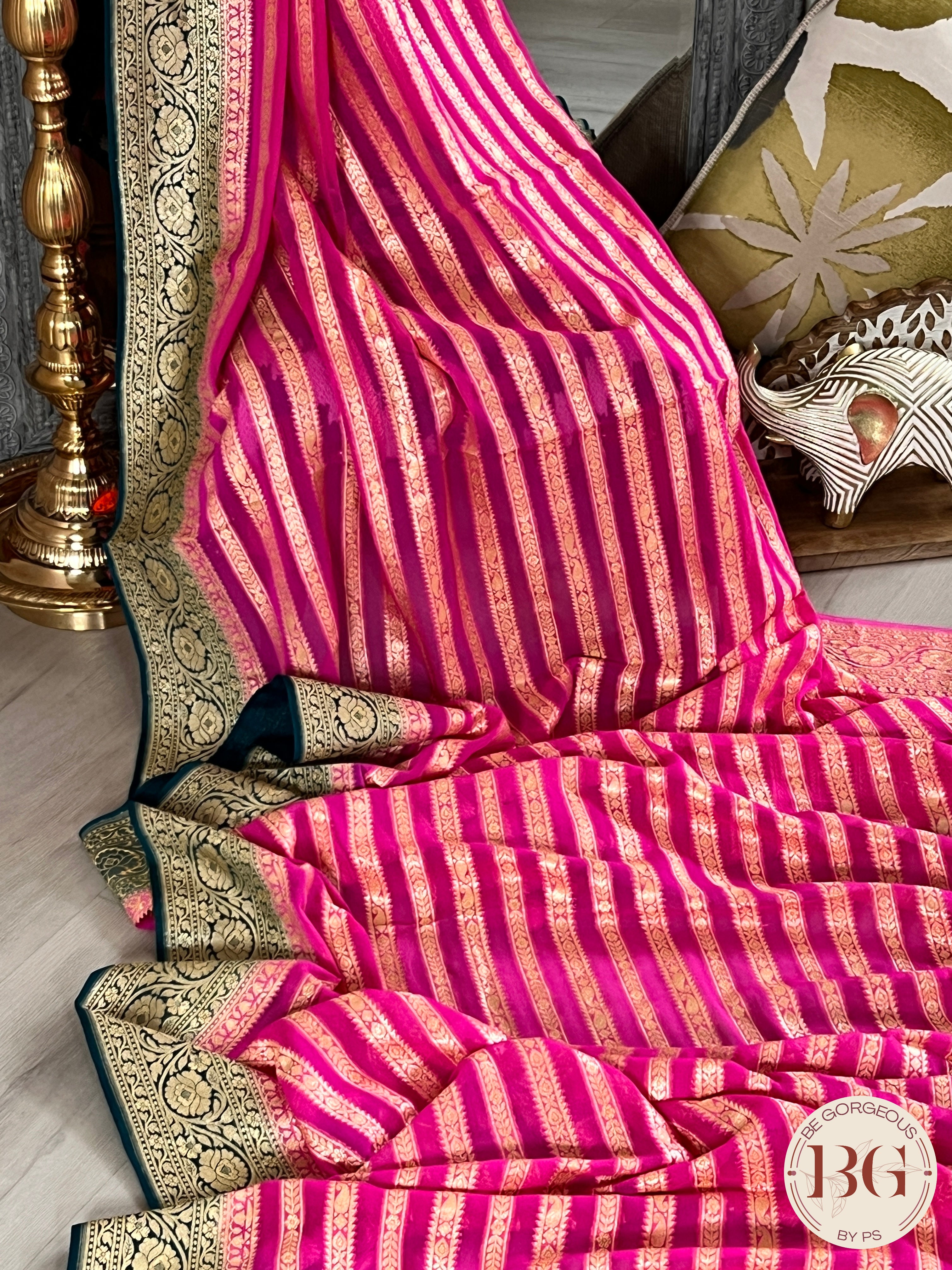 Banarasi Khaddi georgette silk weaved saree stripes, silmark certified - Pink